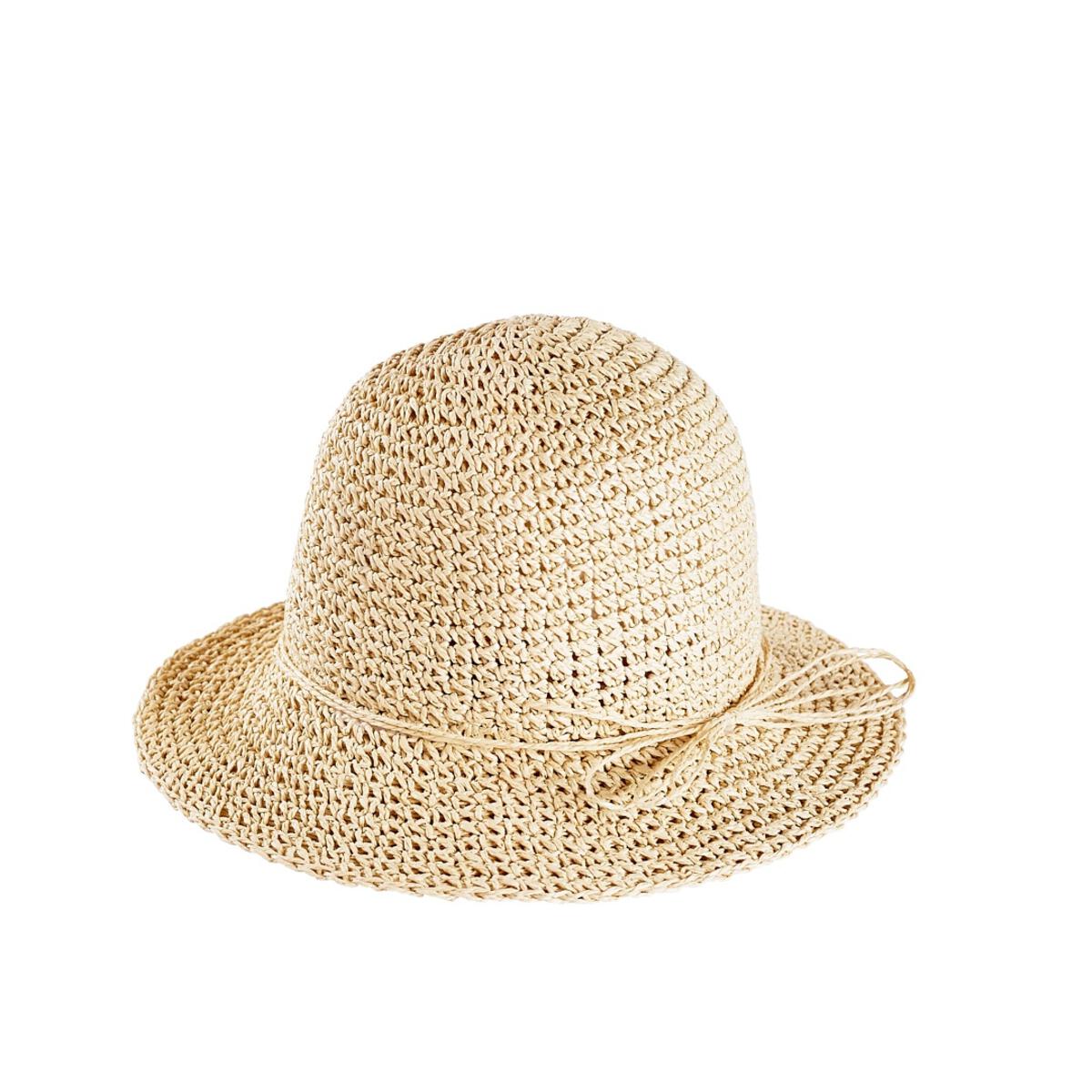 The Acorn Kids - Poet Crochet Straw Hat by ACORN KIDS features a woven, foldable design with a rounded crown, wide brim, and thin straw band tied in a bow, offering stylish sun protection on a plain white background.