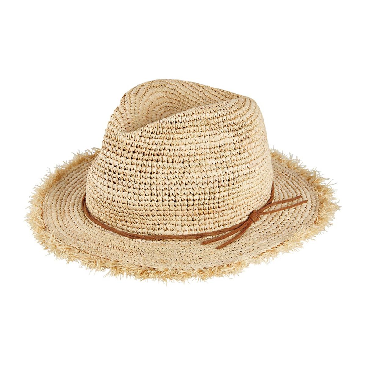 The Acorn Kids - Coco Straw Hat by ACORN KIDS features a frayed brim and thin brown bow band, shown on a white background—ideal for sun protection.
