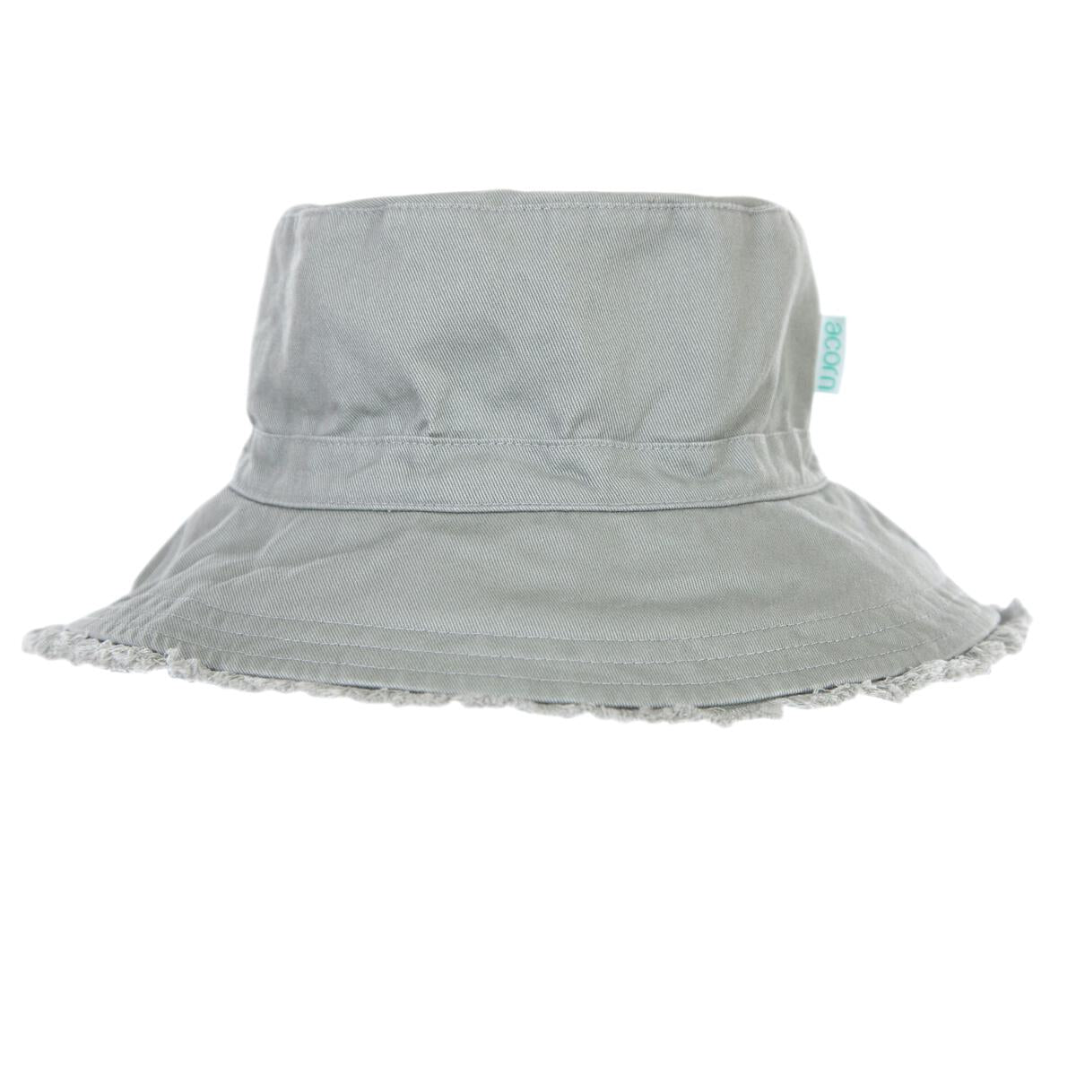 The ACORN KIDS Acorn Kids - Frayed Bucket Hat Khaki is a light gray UPF50+ bucket hat with a wide brim, slightly frayed edge, and a small blue side tag, shown against a white background.