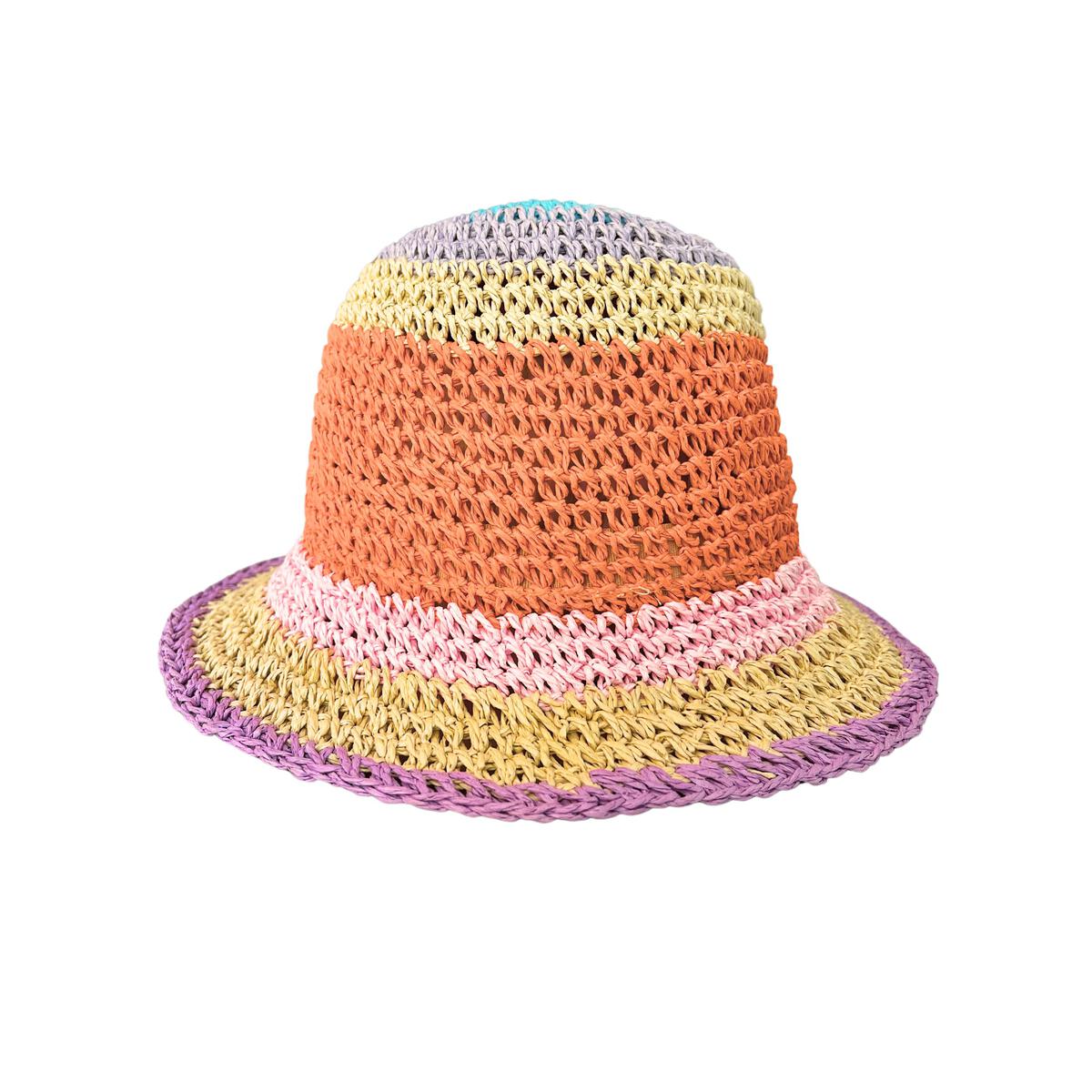 The Acorn Kids - Astrid Crochet Straw Hat by ACORN KIDS features bold purple, yellow, orange, and pink stripes on white. Hand-woven and foldable, it’s a stylish and practical choice for sunny days.