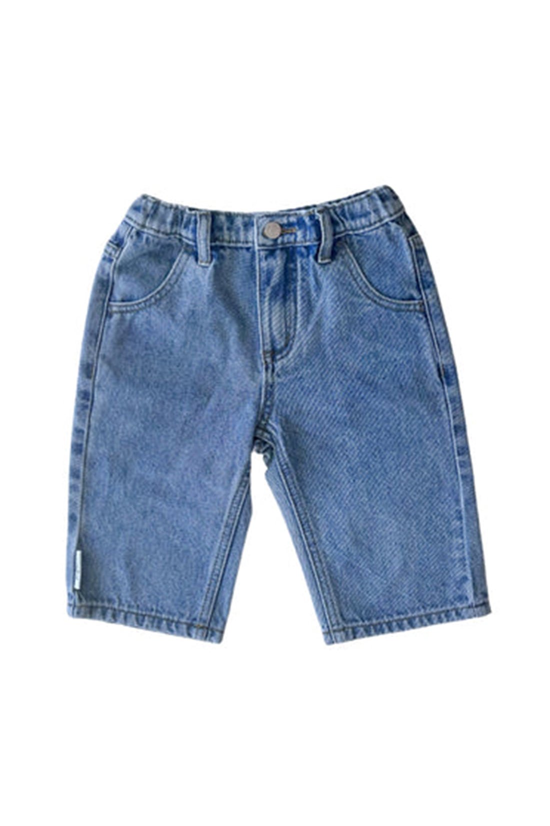 The Limitless Jean Sky Blue Denim by SLEEPY DENIM is a pair of blue denim shorts designed for children. It features an adjustable waistband, front button closure, and pockets on both sides. Made from durable jeans, the shorts exhibit a casual style with a knee-length cut.