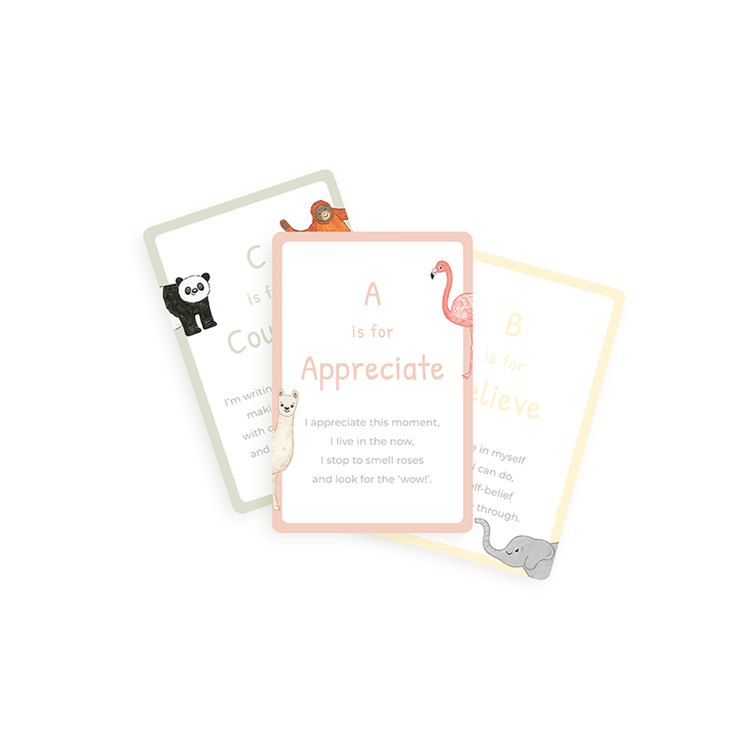 Letters A, B and C mindful affirmation cards.