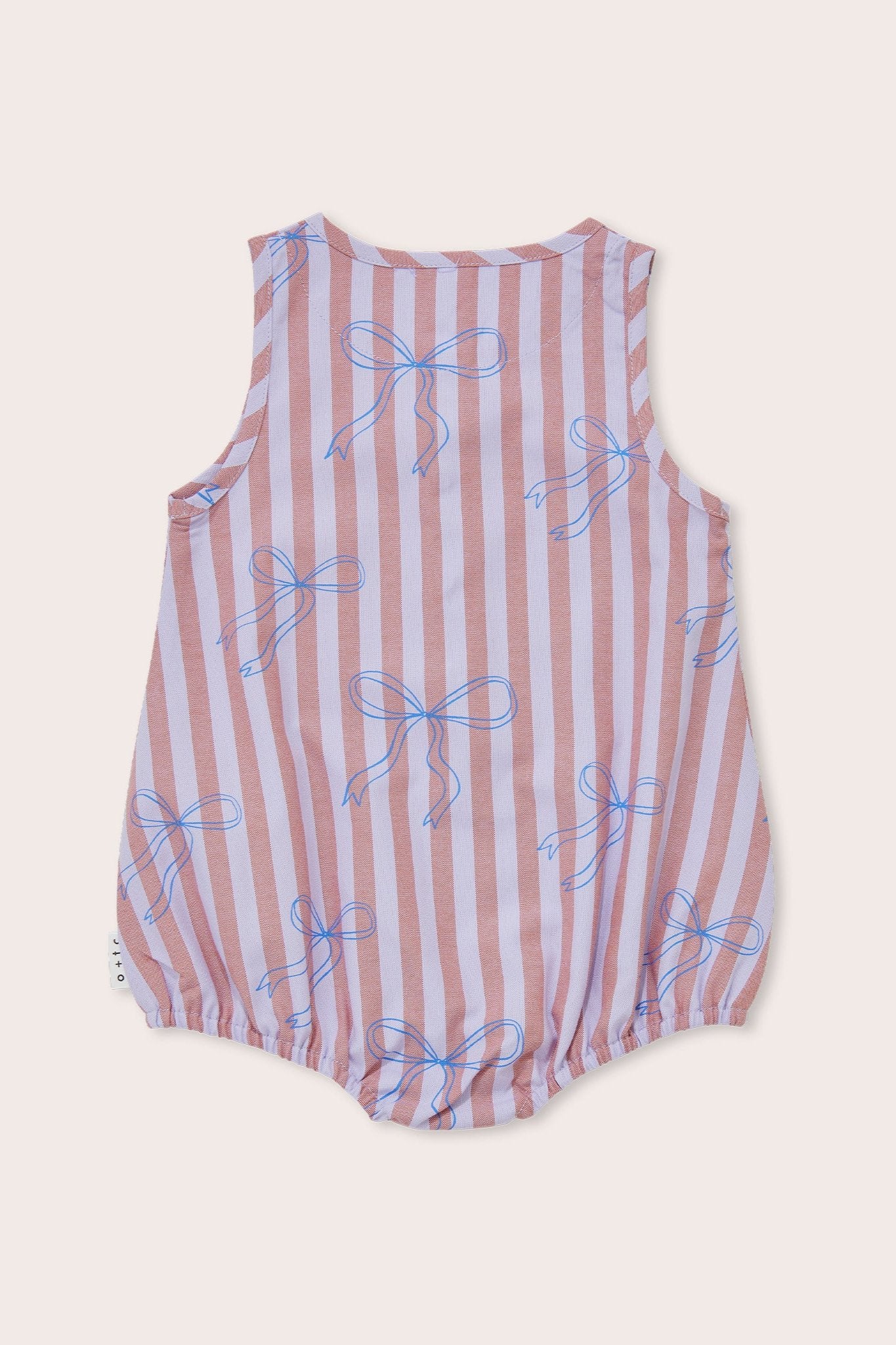 The Blue Bows Bubble Romper by OLIVE + THE CAPTAIN is a sleeveless baby romper showcasing a pink and white vertical stripe pattern paired with charming blue bow designs. This versatile piece features a gathered elastic bottom for easy dressing, making it perfect for any occasion, and is displayed on a light-colored background.