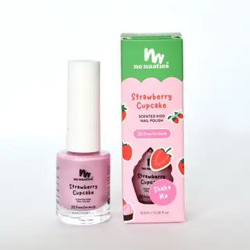 The NO NASTIES Scented Scratch Off Kids Nail Polish in Strawberry Cupcake (Pastel Pink) is shown beside its pink packaging decorated with strawberries, cupcakes, and brand details—a vegan polish ideal for creative kids.