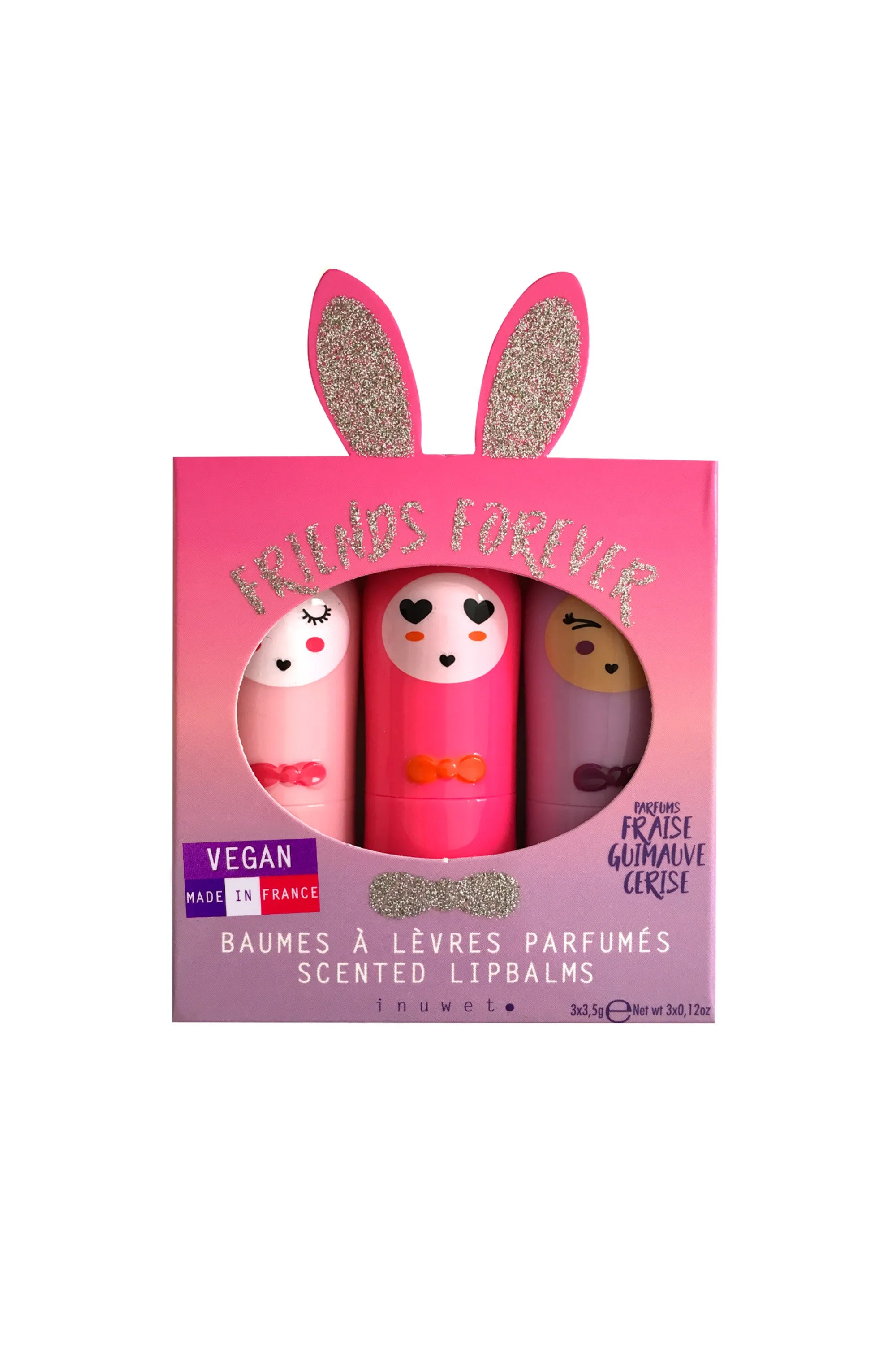 The Lip Balm Trio Friends Forever by INUWET comes in a pink package adorned with glittery bunny ears. This vegan, cruelty-free set includes three scented lip balms featuring cute animal faces, with delightful flavors of strawberry, marshmallow, and cherry. Made in France.