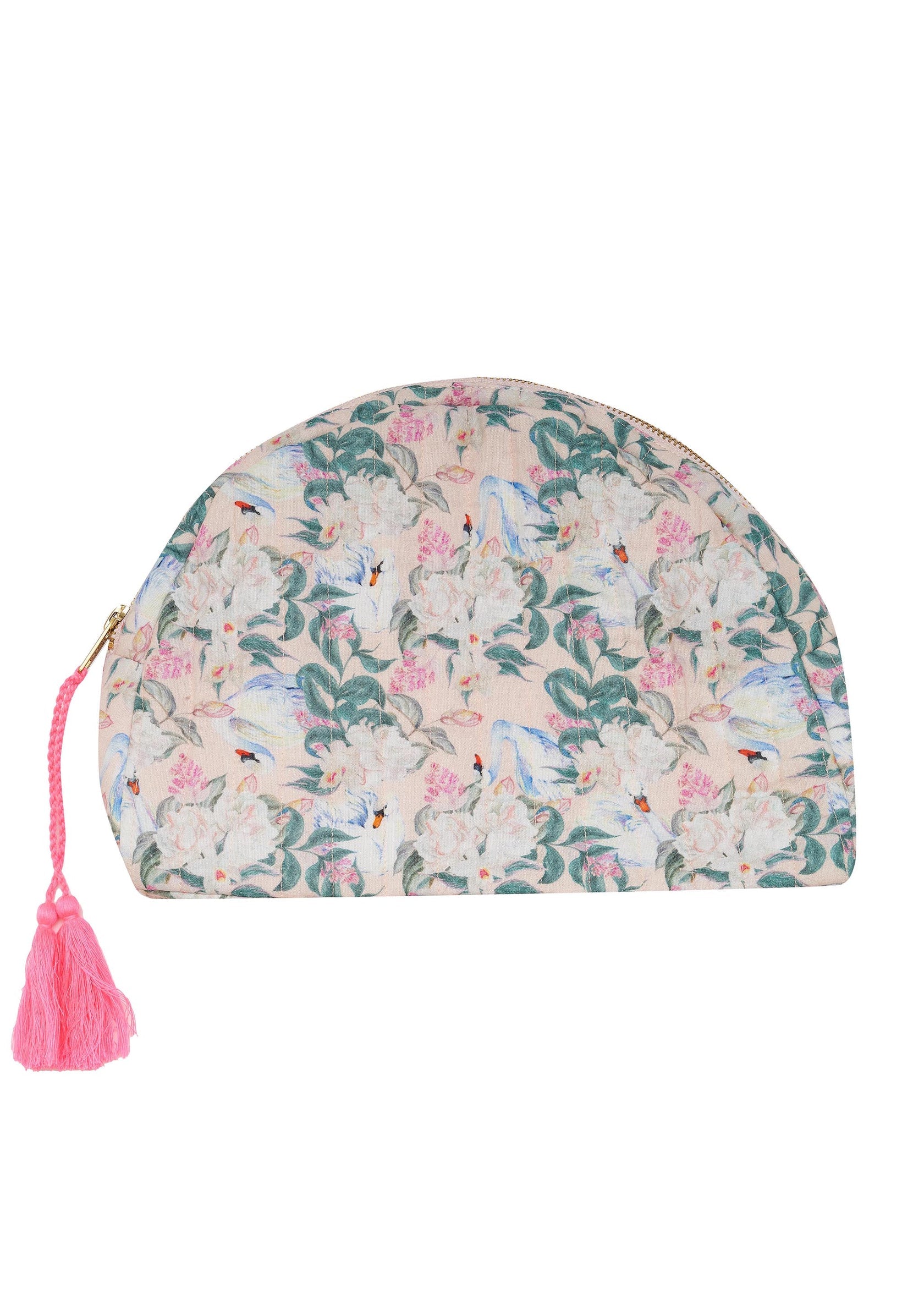 A half mooned shape purse with a floral print and pink laced zip.