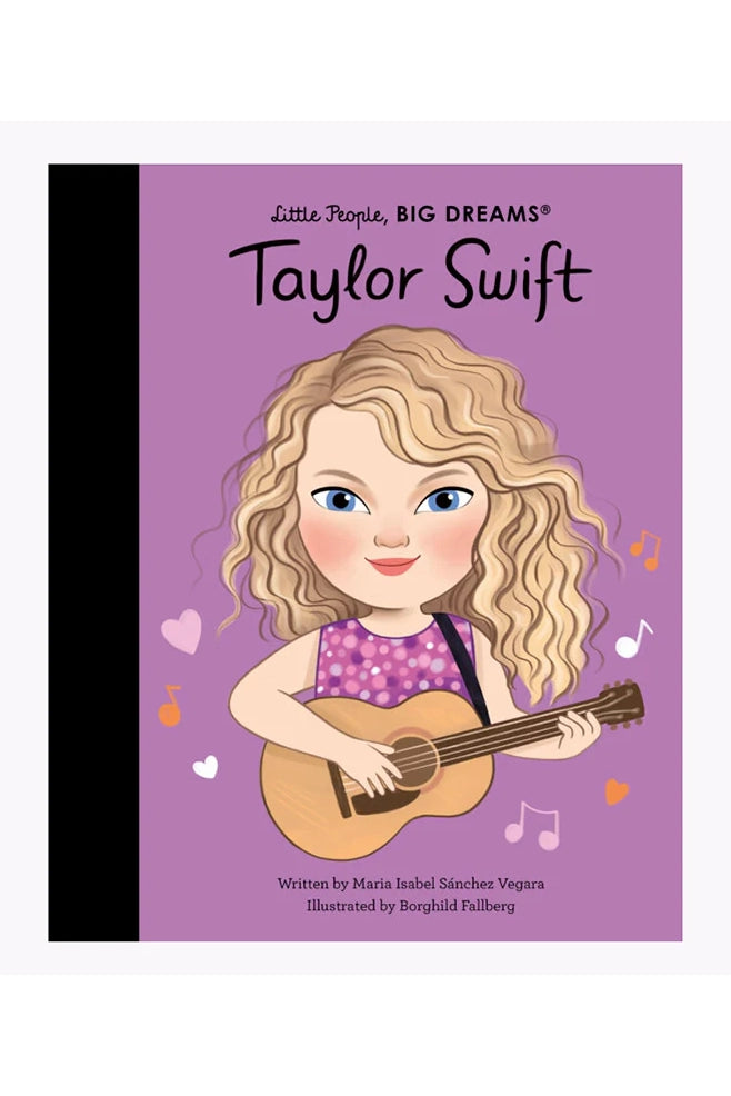 Illustrated book cover for "Little People, Big Dreams: Taylor Swift (Hardcover)" by BAY KIDS showcases a cartoon of a curly-haired girl playing guitar. Set against a purple backdrop embellished with musical notes and hearts, the design pays homage to the singer-songwriter's country music roots. The cover credits Maria Isabel Sánchez Vegara and Borghild Fallberg.