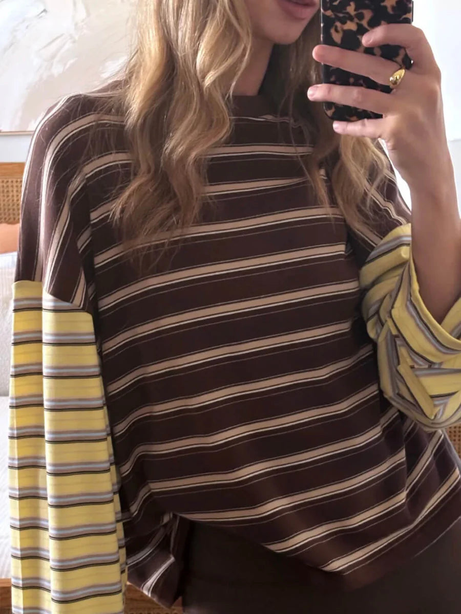 Tiny Trove - Women's Kennedy Stripe Long Sleeve Tee - Brown/Yellow Stripe