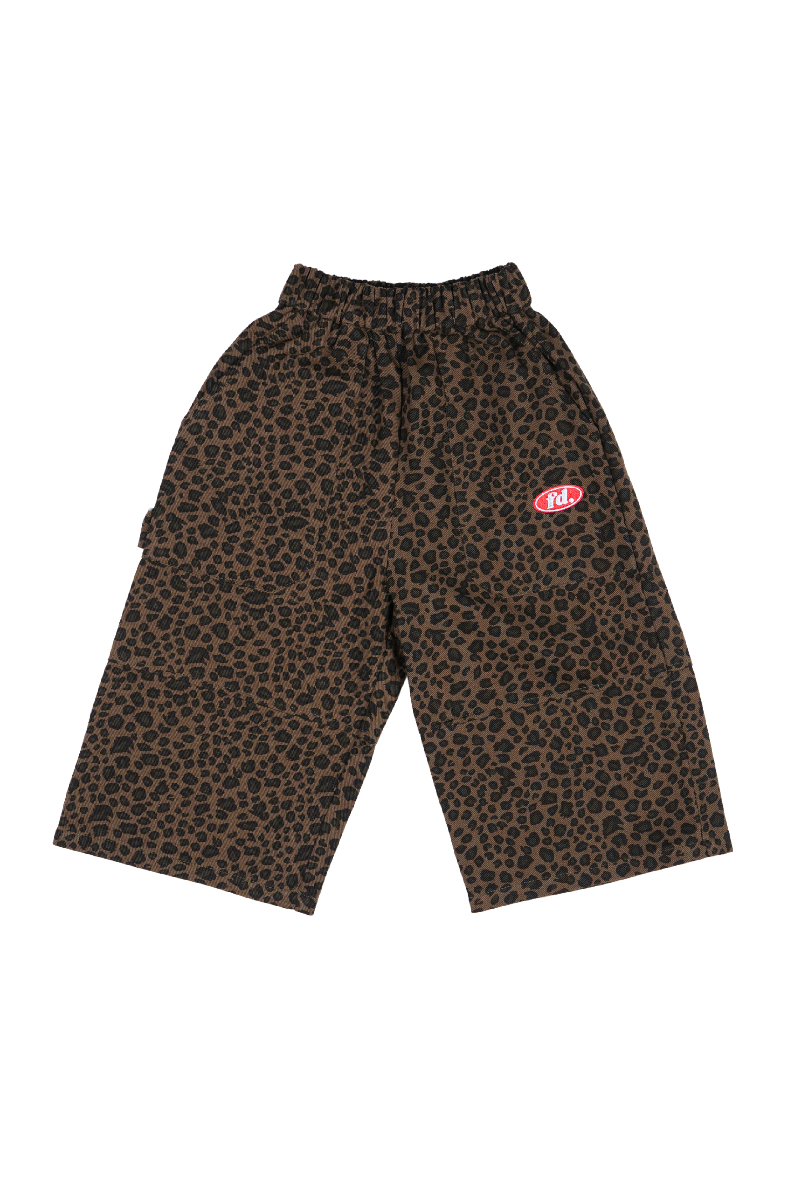 Franco's Dad ~ PRE-ORDER Leopard Cargos by FRANCO'S DAD are brown and black leopard print wide-leg pants with an elastic waistband and a red and white oval logo on the left side, exuding an oversized cargos vibe.