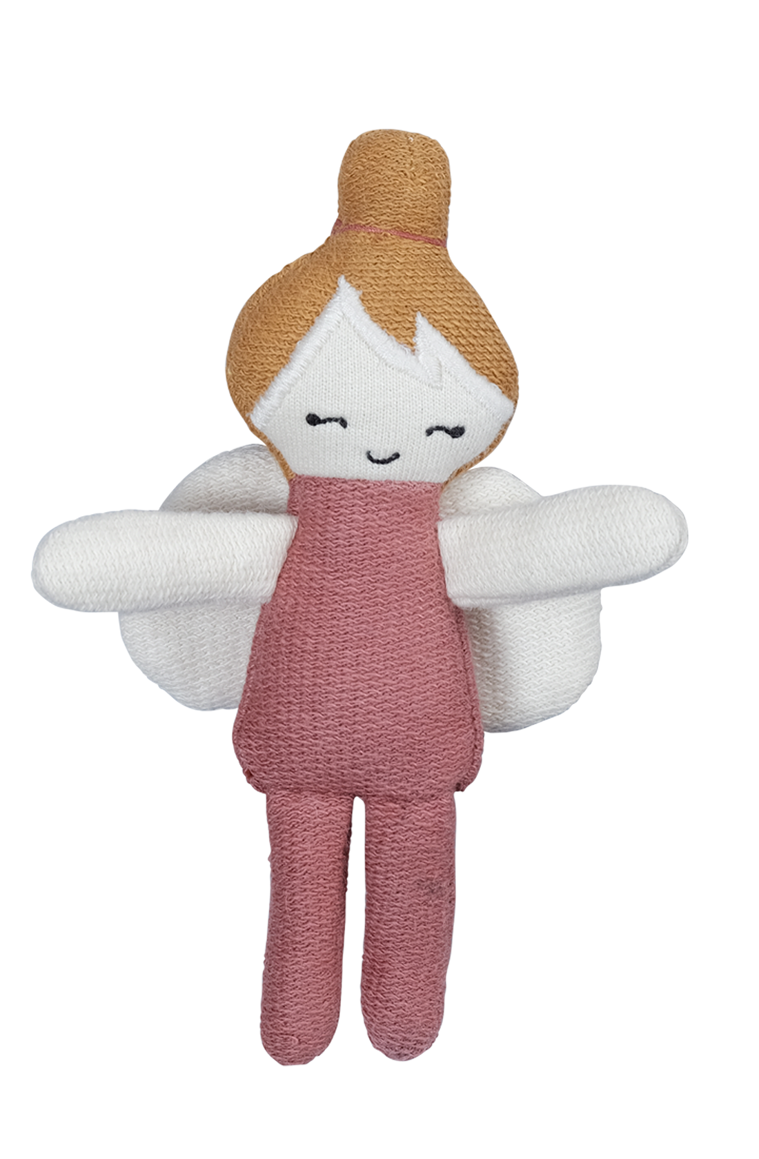 Introducing the FABELAB Fairy Pocket Friend: A handmade fabric doll featuring a brown bun hairstyle, a smiling face with closed eyes, and outstretched arms. This charming doll wears a pink dress made from organic cotton and has white wings, creating an angelic look. With simple, minimalist details, it makes for the perfect Pocket Friend.