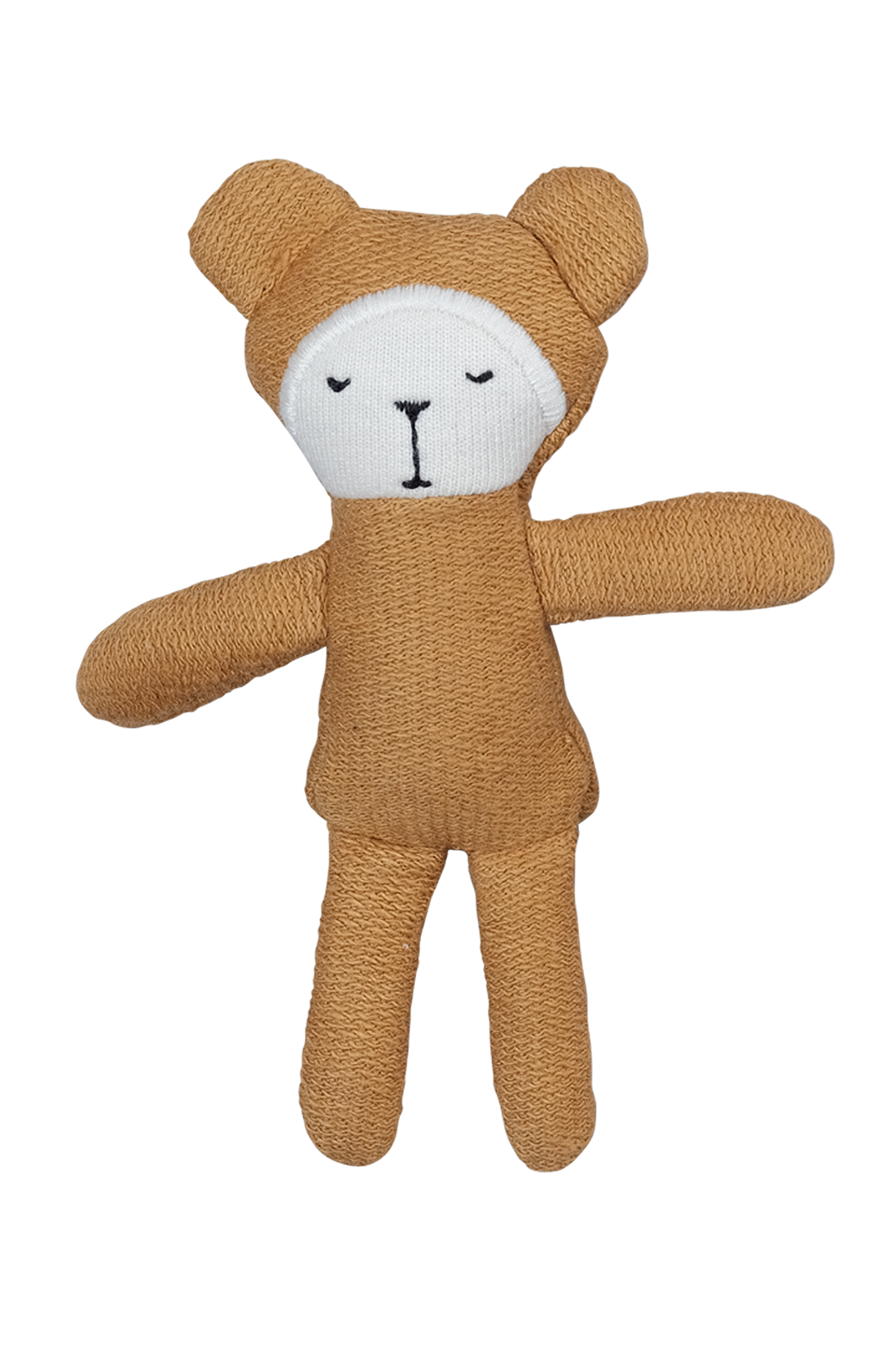 Introducing the Bear Pocket Friend by FABELAB: This handmade stuffed bear features a light brown body and a white face, meticulously crafted from organic cotton. It showcases black stitched eyes and mouth, with arms and legs slightly spread out. The texture of this adorable pocket friend appears to be knitted or crocheted, adding to its charm.