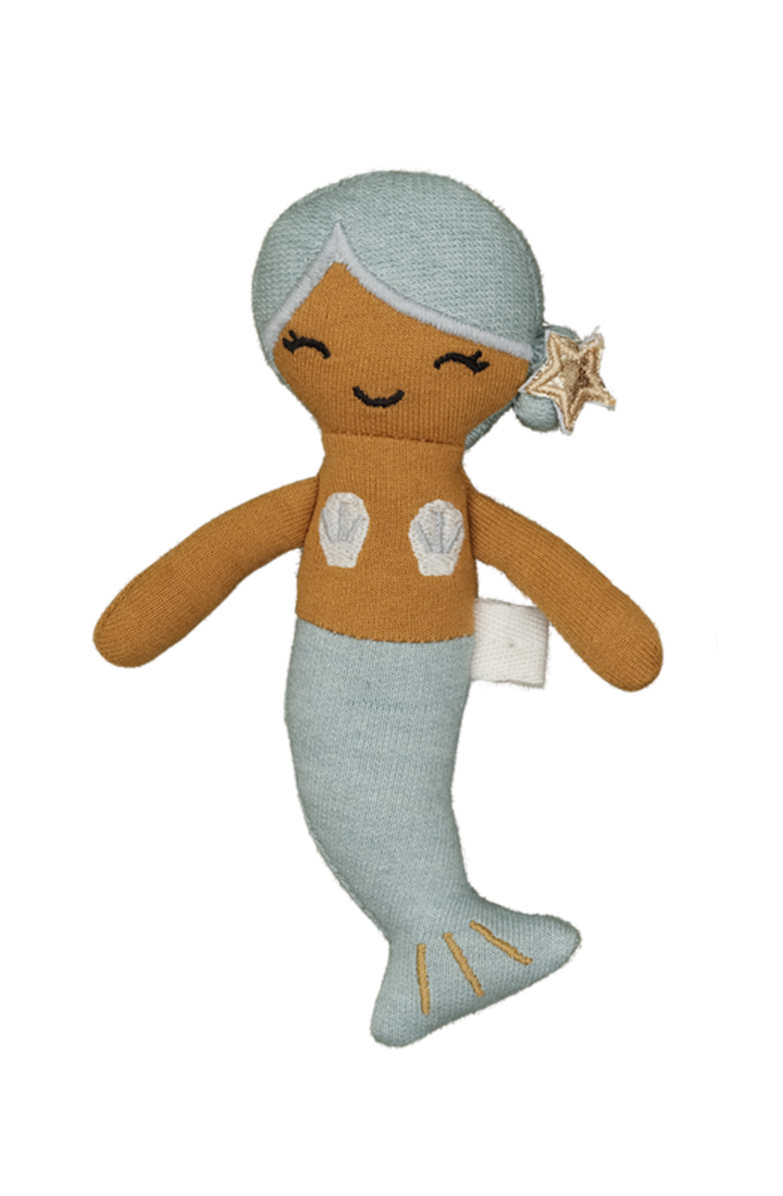 The Mermaid Pocket Friend from FABELAB is a crocheted mermaid doll crafted from organic cotton. It features light blue hair adorned with a starfish accessory, brown skin, a light blue tail and top, and a white patch on its left side. The face showcases simple embroidered features with a smile and closed eyes, making it an ideal pocket-sized companion.