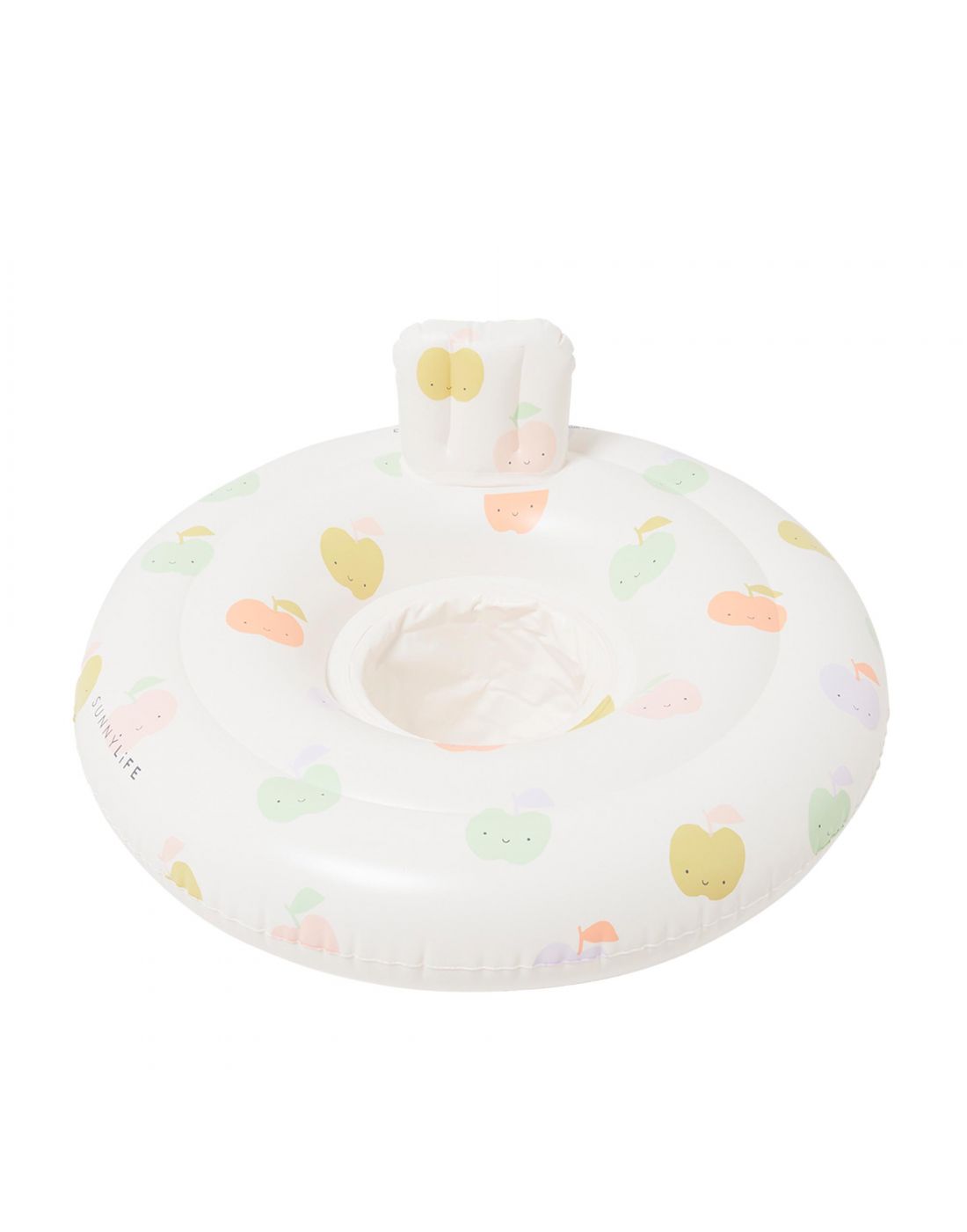 The SUNNYLIFE Baby Seat Float Apple Sorbet Multi is a white inflatable pool ring with a supportive backrest and a headrest, adorned with pastel fruit illustrations like apples and pears, to enhance water confidence in little ones.