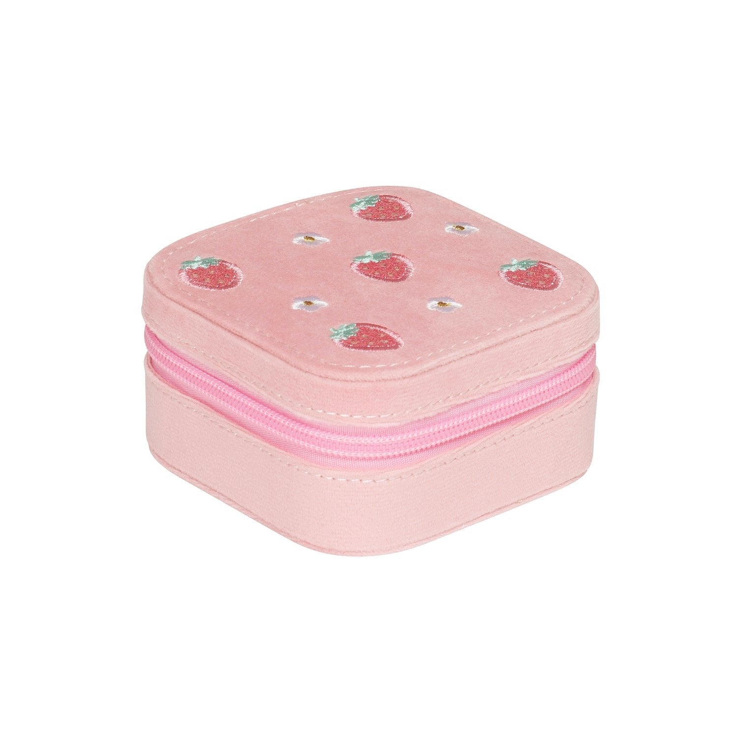 The ROCKAHULA Sweet Strawberry Square Jewellery Box is a small, light pink, velvet box with a pink zipper. Its lid features embroidered strawberries and flowers, set against a plain white background.