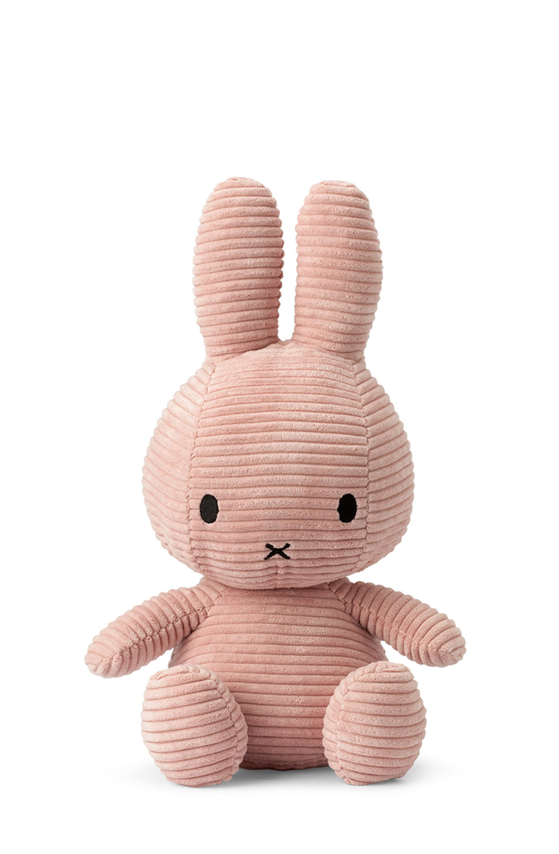 The Miffy ECO Corduroy Pink 33 cm plush toy rabbit by BON TON TOYS X MIFFY boasts a charming corduroy texture in a light pink shade. Its design includes two long ears, black eyes, and a simple stitched cross mouth that enhances its charm. Sitting upright against a white background, this plush toy makes for an ideal gift.