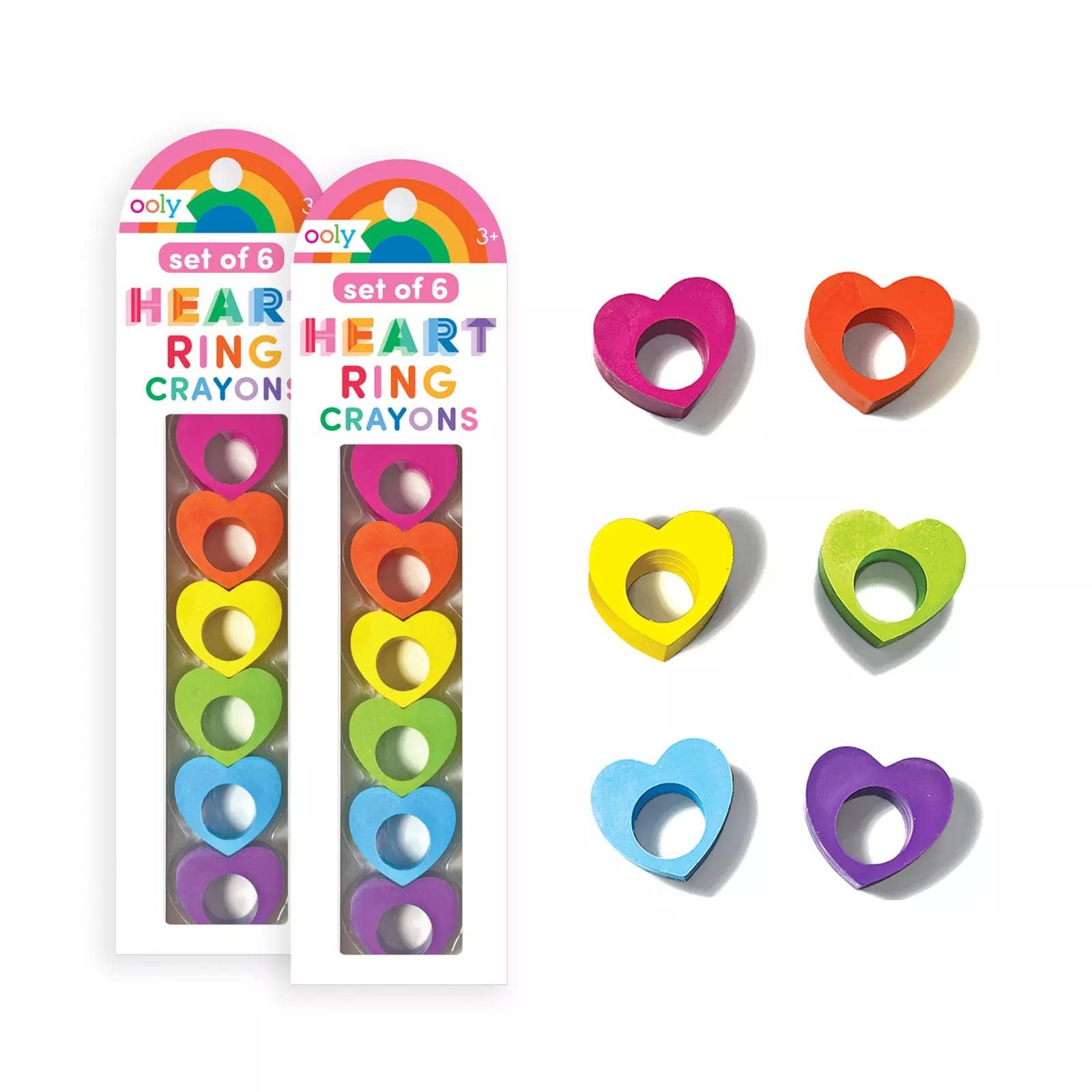 Two packets of OOLY heart ring crayons next to 6 individual ring crayons in different colours.