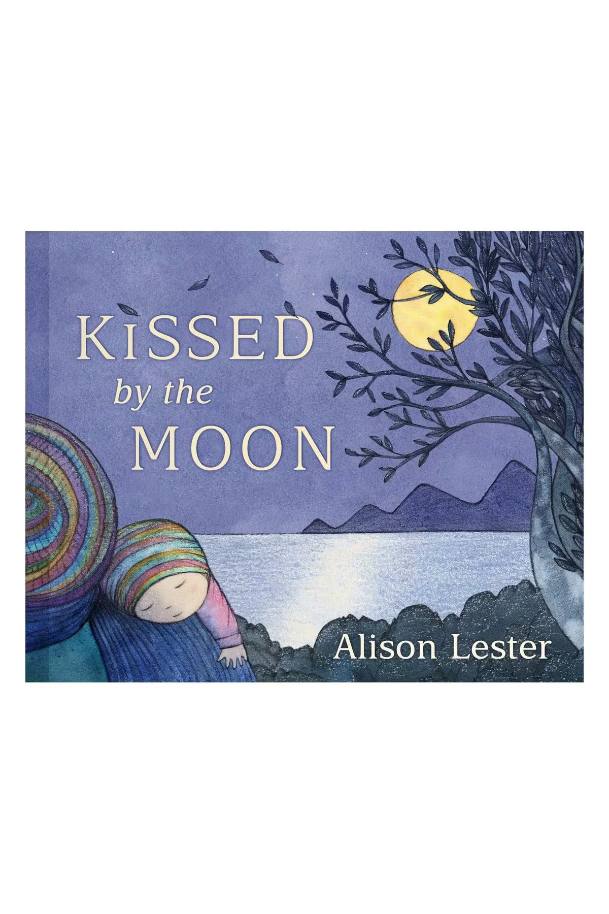 The book cover of BAY KIDS' "Kissed By The Moon" highlights a baby's sense of wonder as the child sleeps under a striped blanket beside a tree, with the moon illuminating a beautiful and serene landscape.