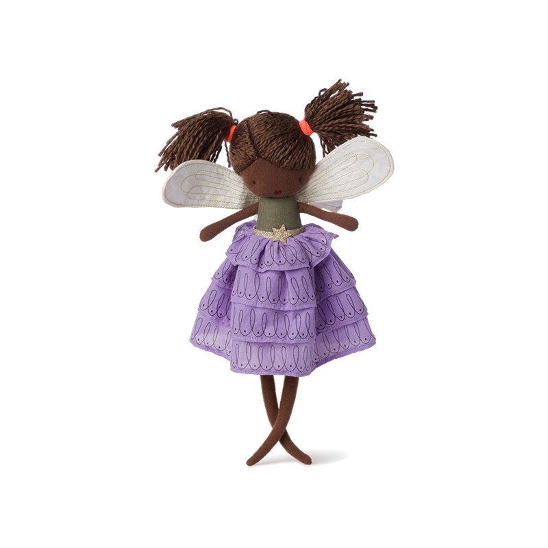 Introducing the Fairy Feline 35cm by PICCA LOULOU—the exquisitely crafted cloth doll featuring brown skin and brown yarn hair styled in two pigtails with red ribbons. Adorned in a green top and a purple skirt with intricate patterns, she showcases translucent wings on her back, perfectly capturing the essence of a fairy.