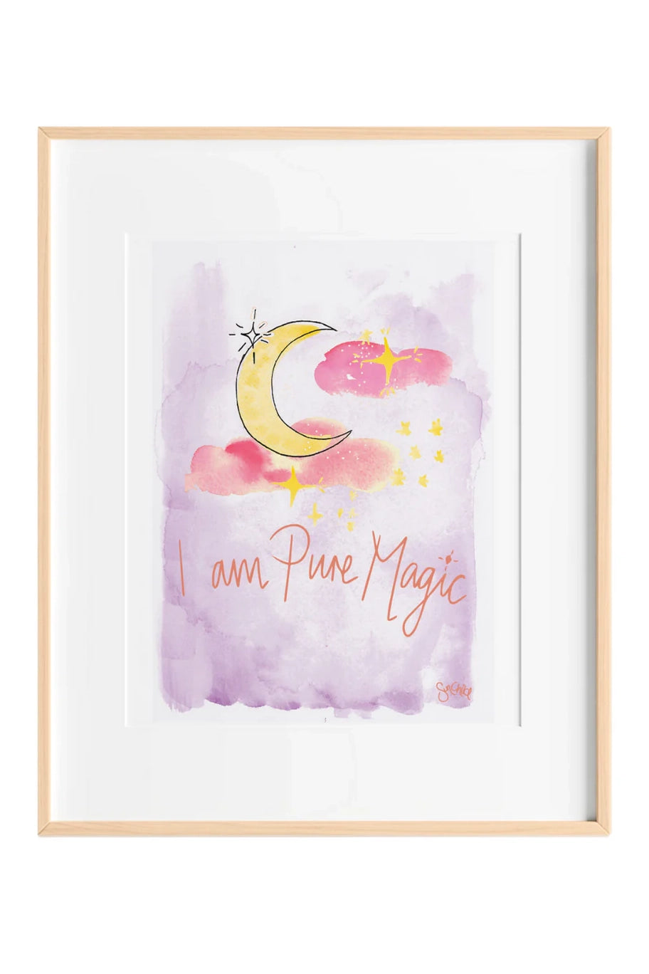 Introducing the "I am Pure Magic Art Print A4" by SUN CHILD, an inspiring piece for children. This unframed watercolor illustration features a crescent moon, pink clouds, and yellow stars set against a purple background. The vibrant orange script reads "I am Pure Magic," making it a perfect affirmation wall art to uplift and inspire young minds.