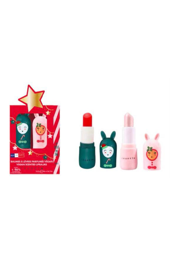 The Lip Balm Duo Star by INUWET includes two whimsical animal-themed lip balms alongside their open caps. One features a red bear design, and the other showcases a pink rabbit design, both with packaging that reflects a holiday theme.