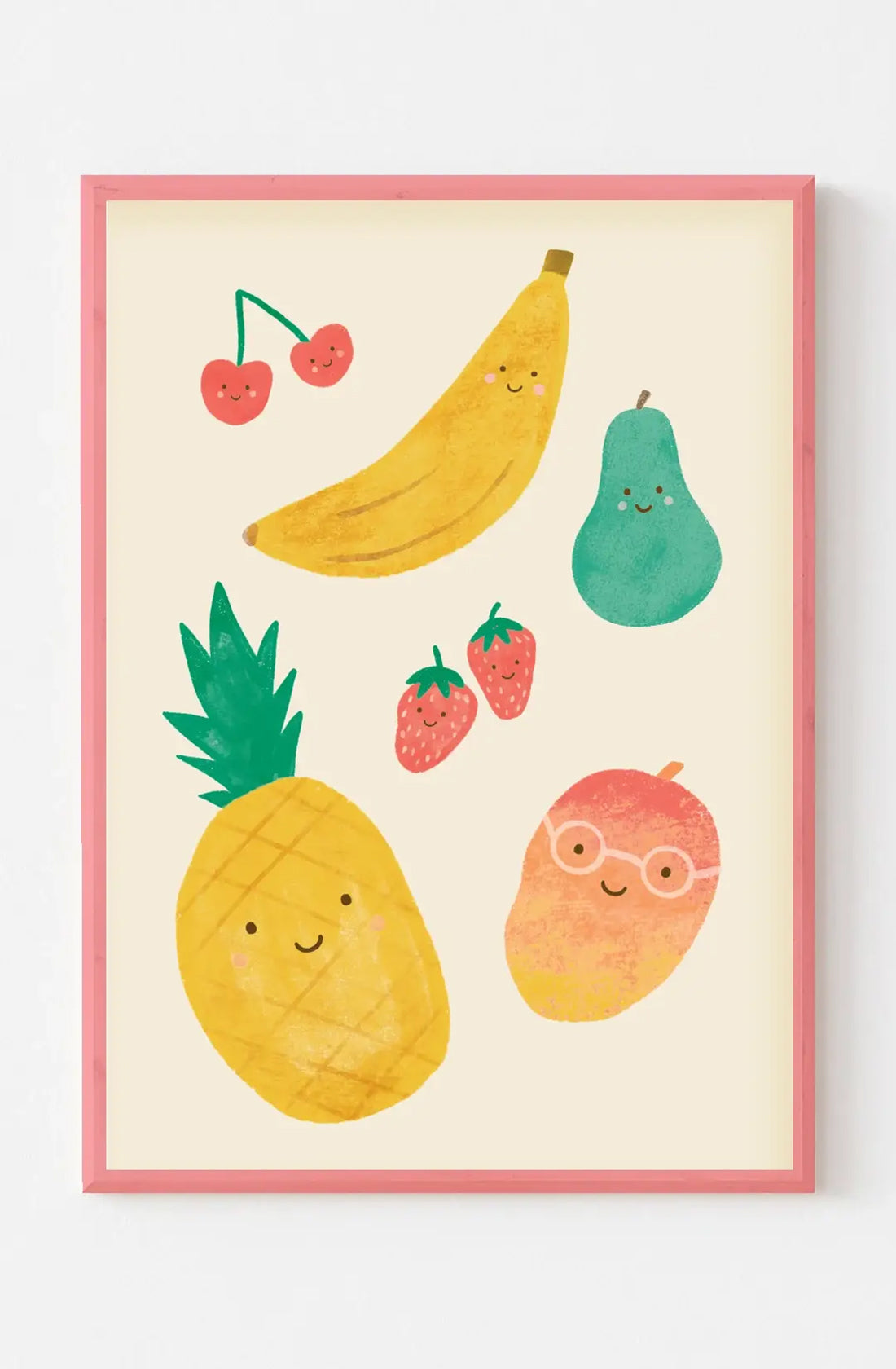 The Cute Fruit Wall Art Print by LAUREN SISSONS STUDIO showcases a charming collection of adorable, smiling fruits against a cream background. The illustrated fruits include cherries, a banana, an avocado, strawberries, a pineapple, and a mango adorned with glasses—all sporting happy facial expressions. This delightful nursery artwork comes with a lovely pink frame that is perfect for kid's room decor.