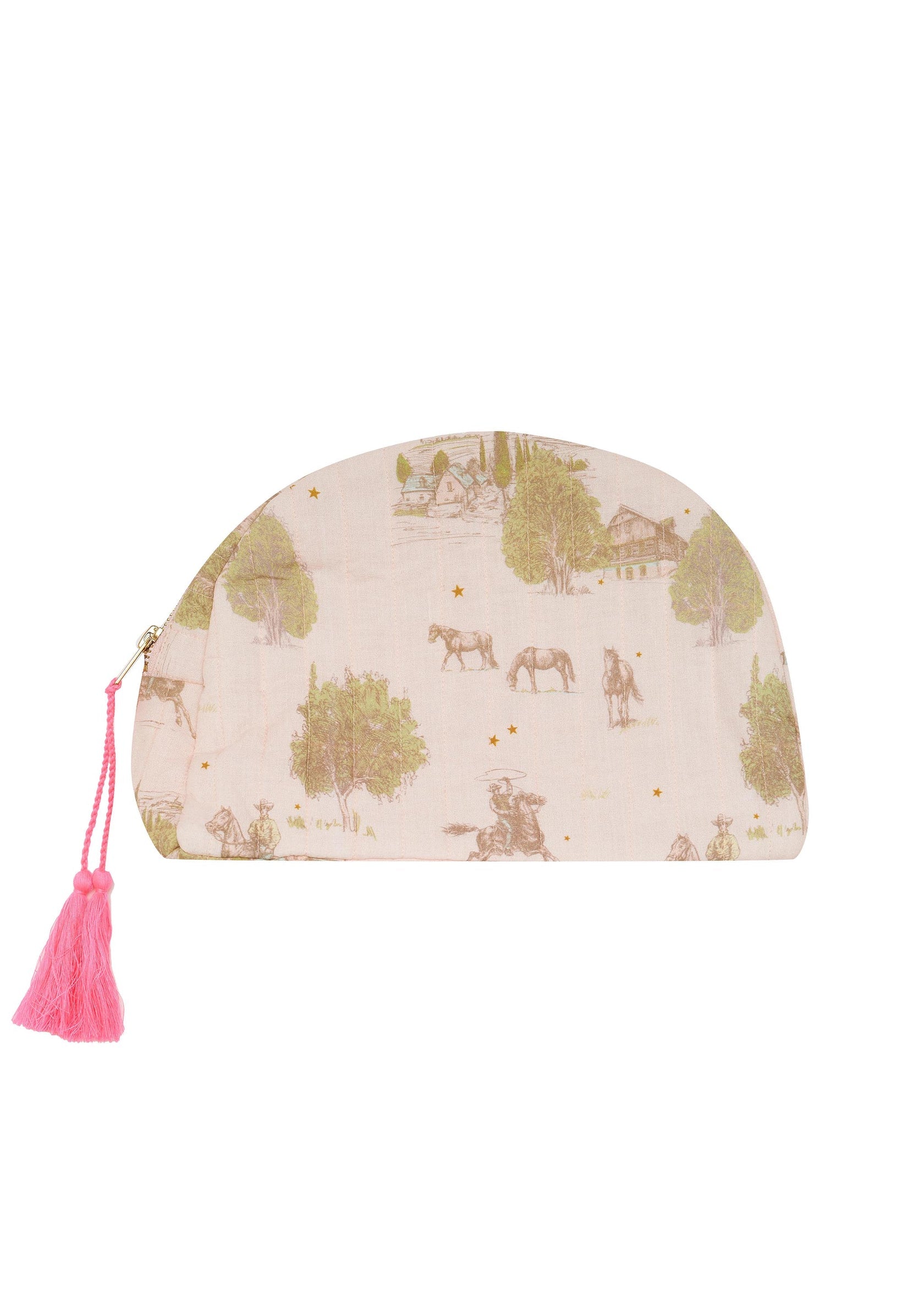 A half moon shaped purse with horses, trees and old houses on it with a pink zip attachment.