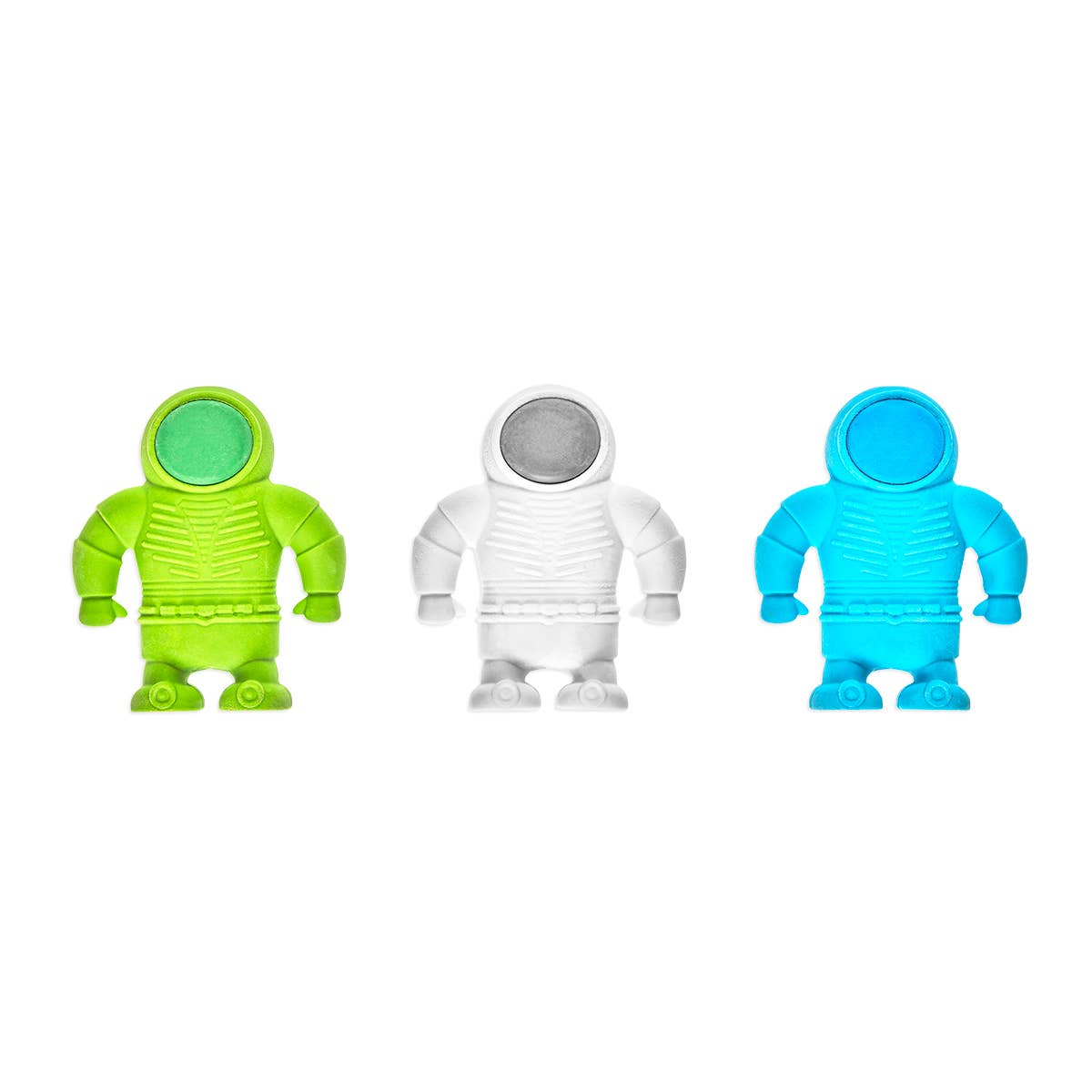 Green, white and blue astronaut erasers.