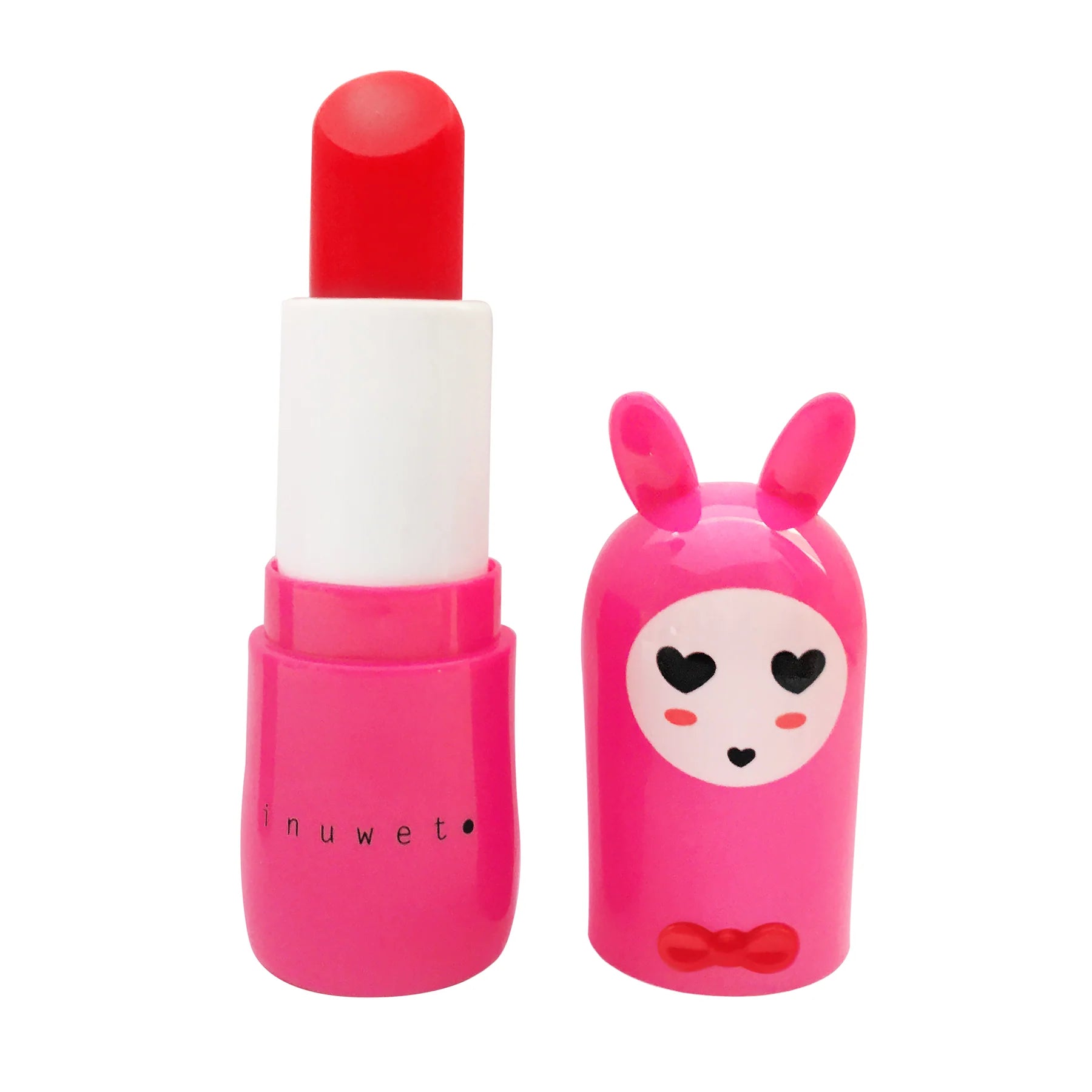 A pink Bunny Lip Balm Cherry with its cap off, revealing a vibrant red color. The cap, shaped like a bunny with heart-shaped eyes and pink ears, adds a playful touch. Featuring "INUWET" on the pink body, this cruelty-free and vegan lip balm is perfect for adding flair while staying kind to animals.