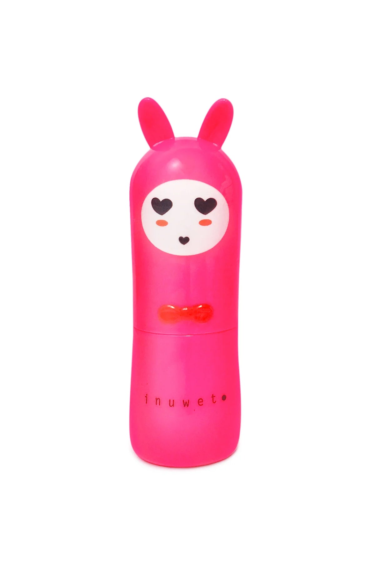 Introducing the Bunny Lip Balm Cherry from INUWET—a vibrant pink lip balm stick adorned with an adorable bunny-themed design. The cap showcases a cartoon bunny face complete with heart-shaped eyes, red blush cheeks, and rabbit ears on top. Crafted from natural ingredients and cruelty-free, the lower part of the stick proudly displays the brand name "INUWET" in black letters.