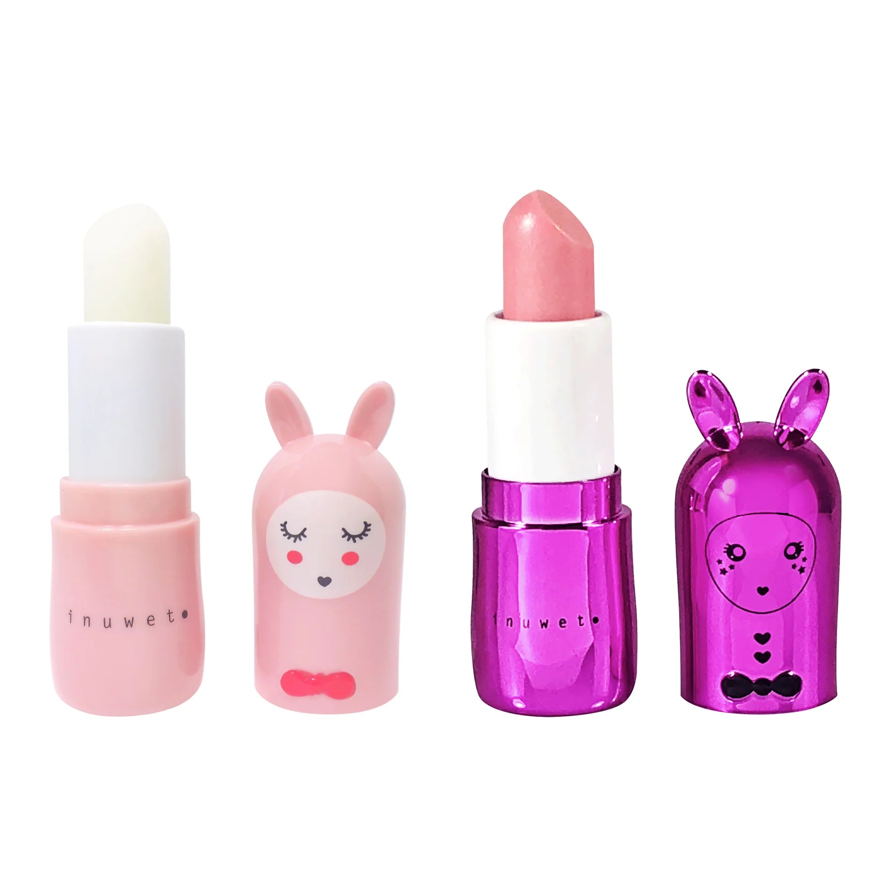 The INUWET Lip Balm Duo Love features two vegan lip balms with bunny-themed packaging: one with a shea butter-infused white balm in a pink container, and the other with a pink balm in a metallic purple container. Both have cute bunny face caps.