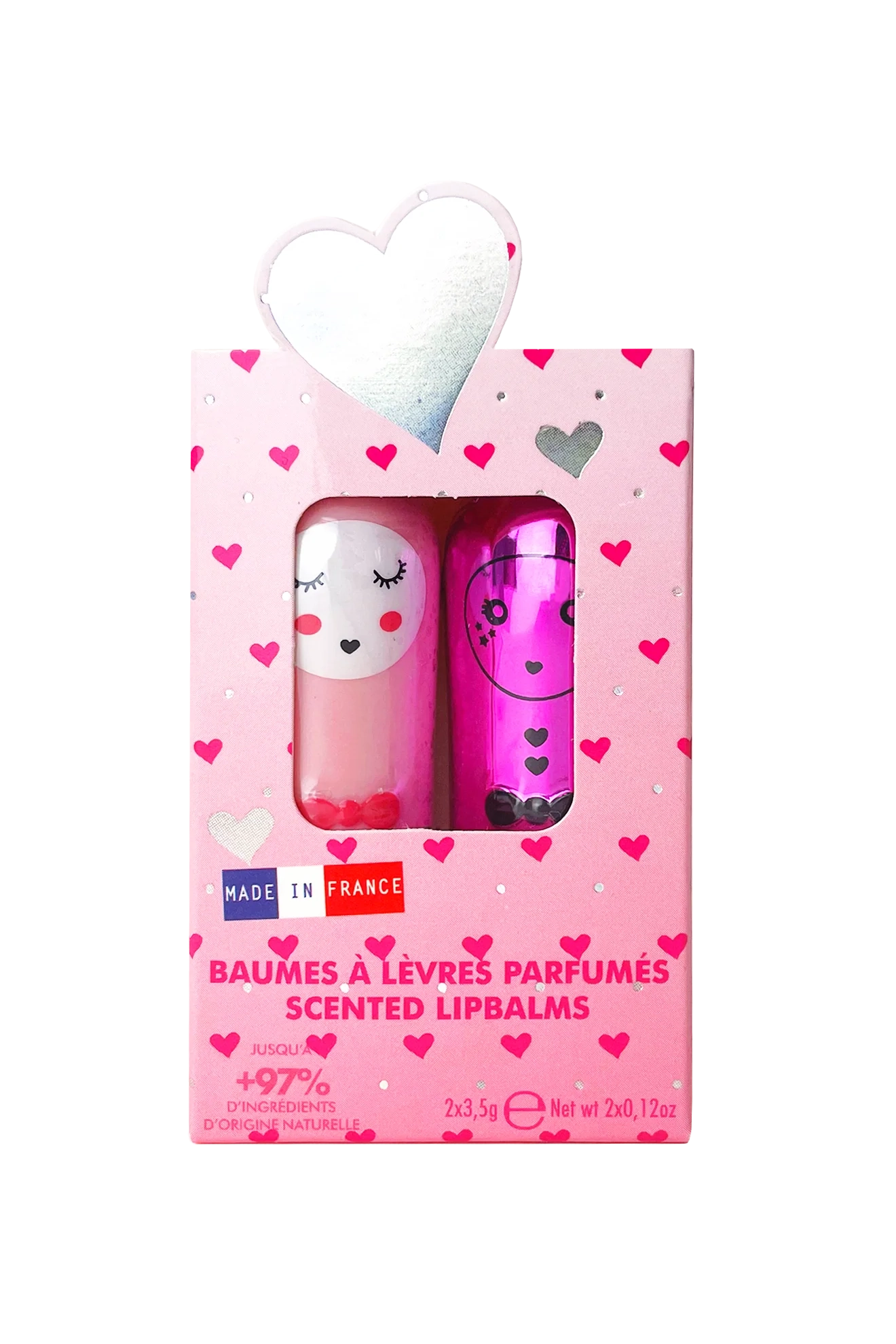 The Inuwet ~ Lip Balm Duo Love by INUWET includes two shea butter-infused balms in a pink heart-patterned box. One balm is pink with a cat face, the other purple with a star. Packaging highlights "Made in France" and over 97% natural ingredients, with text in French and English.