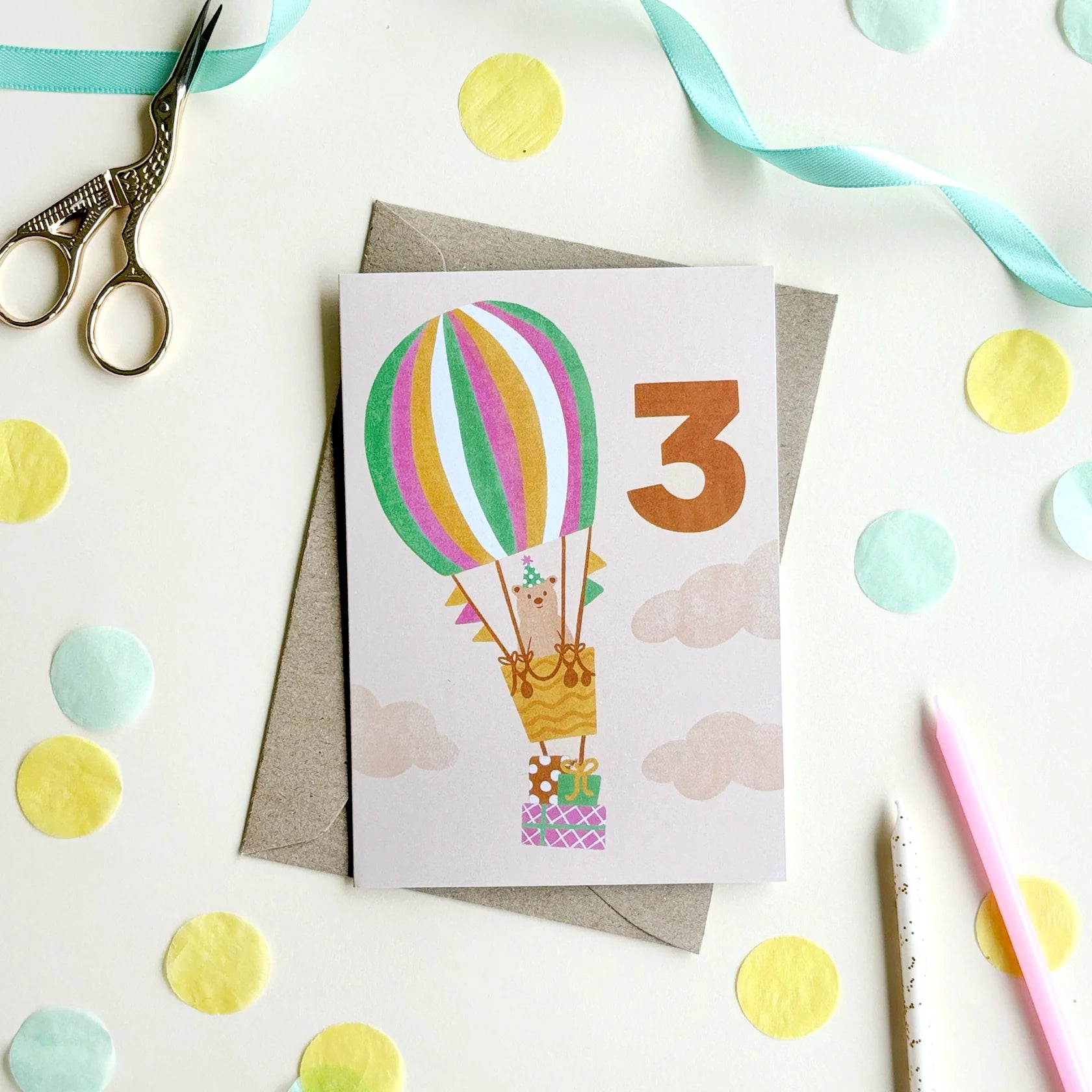 The 3rd birthday age milestone card by lauren sissons with a hot air balloon on it.