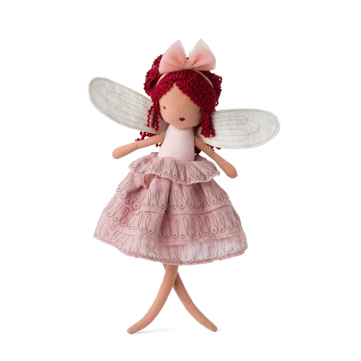 Meet Fairy Celeste 35cm from PICCA LOULOU, a fabric doll with red yarn hair styled in two braids and a pink bow. She has wings, a light pink top, and a pale pink ruffled skirt. Standing gracefully on one leg with arms outstretched, Fairy Celeste is an enchanting addition to the Picca Loulou collection by Bon Ton Toys.