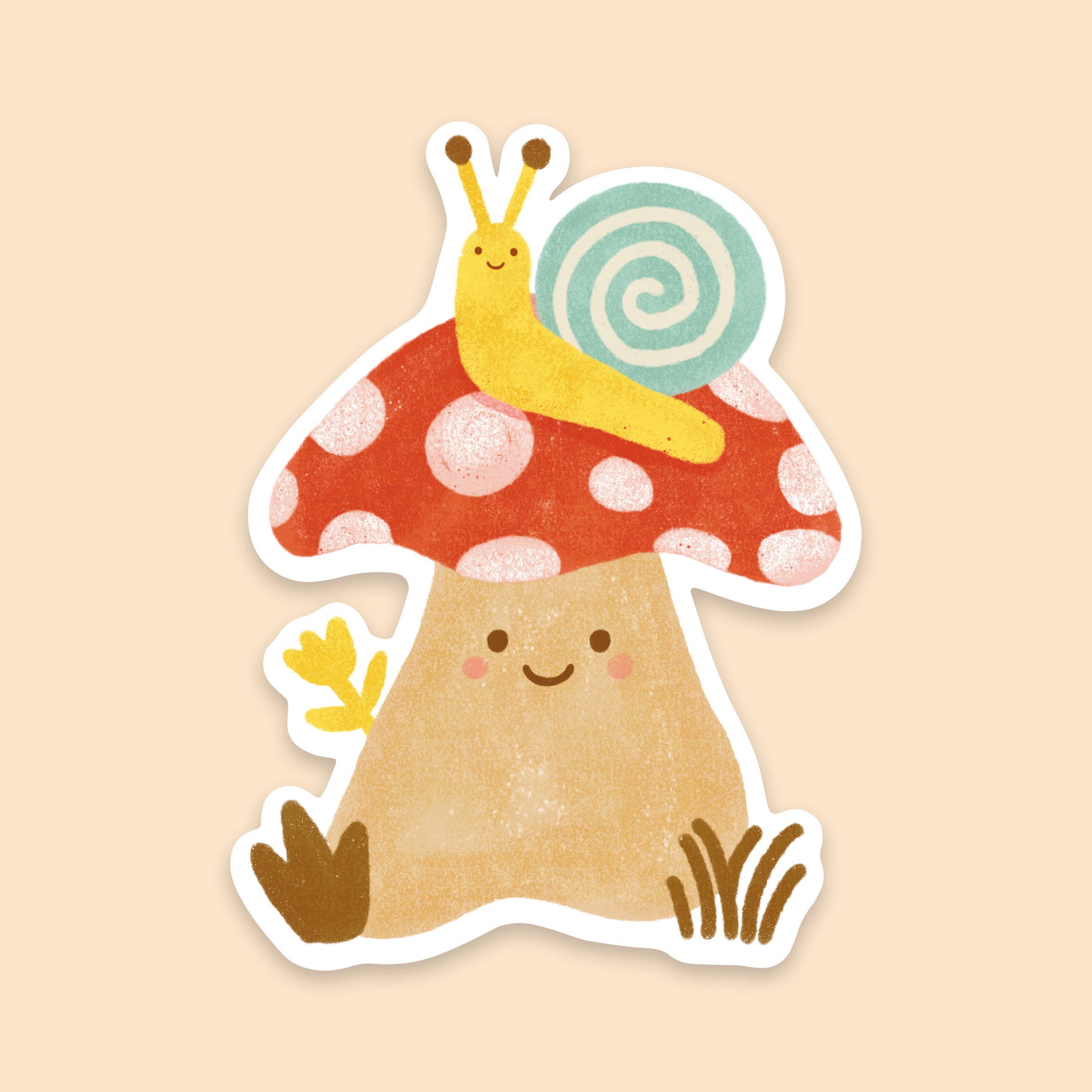 The Mushroom Sticker from LAUREN SISSONS STUDIO features a delightful vinyl illustration of a red and white spotted mushroom with a cheerful face, surrounded by grass and leaves at its base. Atop the charming toadstool sits an adorable yellow snail with a blue, spiraled shell.