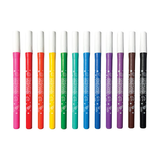 All 12 OOLY fruity scented washable markers laid out on a white background.