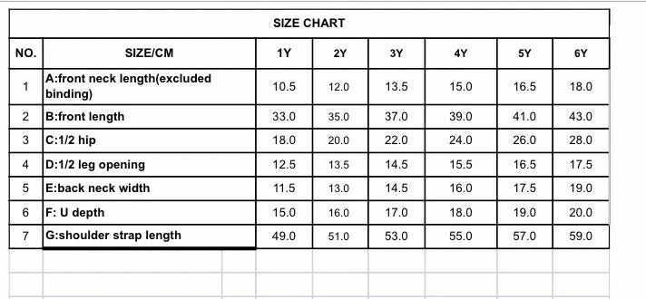 Introducing the size chart for EN. THE LABEL's Tutti Frutti One Piece, available in children's sizes ranging from 1Y to 6Y. The chart details measurements in centimeters for various dimensions such as front neck length, front length, hip circumference, leg opening diameter, back neck width, U depth, and adjustable shoulder strap length.