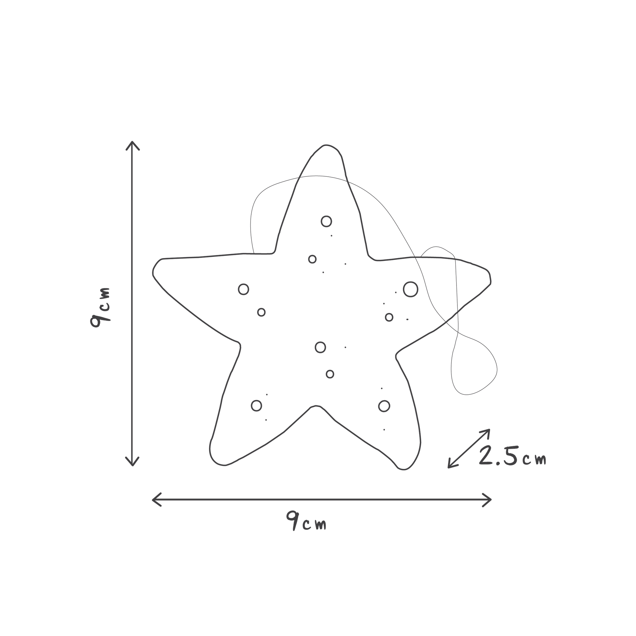 Here is a description based on the product data:

Illustration of a biodegradable five-pointed star from AL.IVE BABY's Baby Konjac Sponge collection, set against a green background, with dimensions of 9 cm in both height and width. This star, inspired by the konjac sponge design, includes small circular patterns and is attached with a thread. An arrow highlights a 2.5 cm measurement on one side—perfect for making baby bathtime enjoyable.