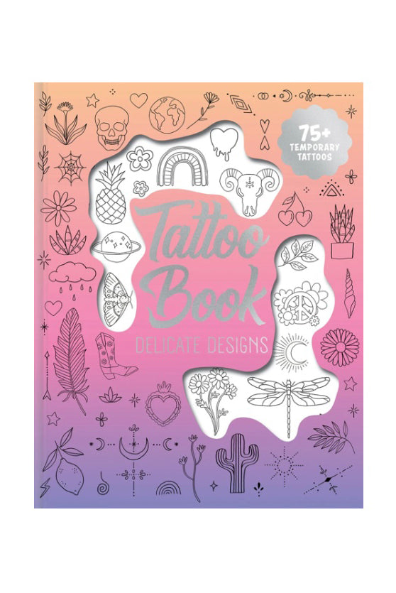 Cover of "Tattoo Activity Book - Delicate Designs" by BAY KIDS, featuring a gradient background transitioning from pink to purple. The cover showcases detailed body art with various outlined designs similar to temporary tattoos, including a cactus, flowers, stars, and symbols.