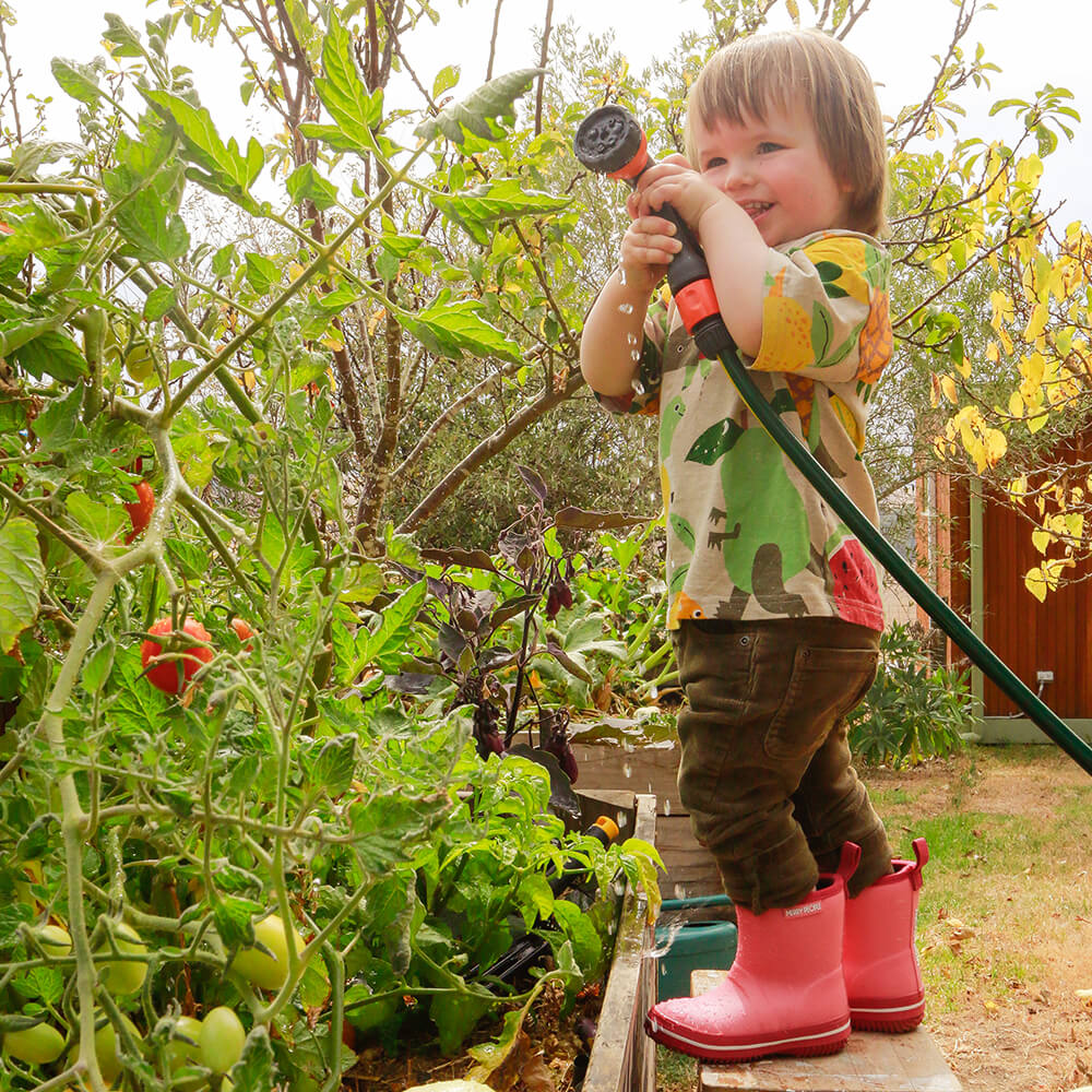 A toddler with short brown hair, in a colorful shirt and Merry People ~ Andie Kids Gumboot Bubblegum by MERRY PEOPLE, smiles while watering plants with a garden hose. The child stands on the edge of a planter filled with green and red tomatoes, with trees and a building in the background.