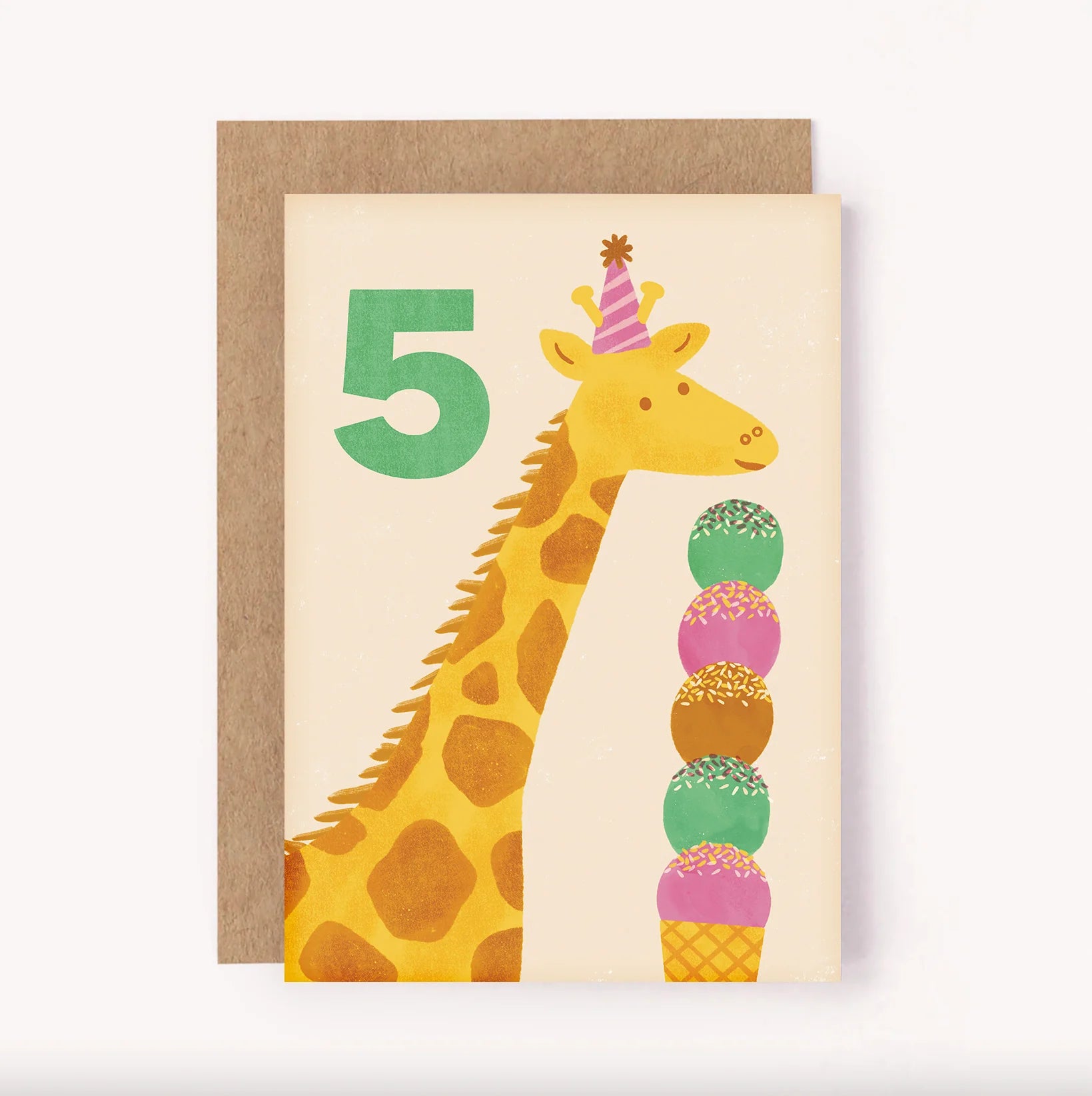 A 5th birthday card with a giraffe on it and an ice cream cone.