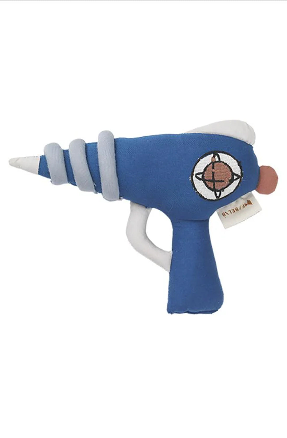 The Dress Up Raygun Midnight Blue by FABELAB is a plush toy shaped like a blue ray gun with a white pointed tip, white rings around the barrel, and a handle. It features a circular emblem with a crosshair design and has a small tag attached near the handle. Made from soft organic cotton, it's perfect for imaginative adventures. The background is plain white.