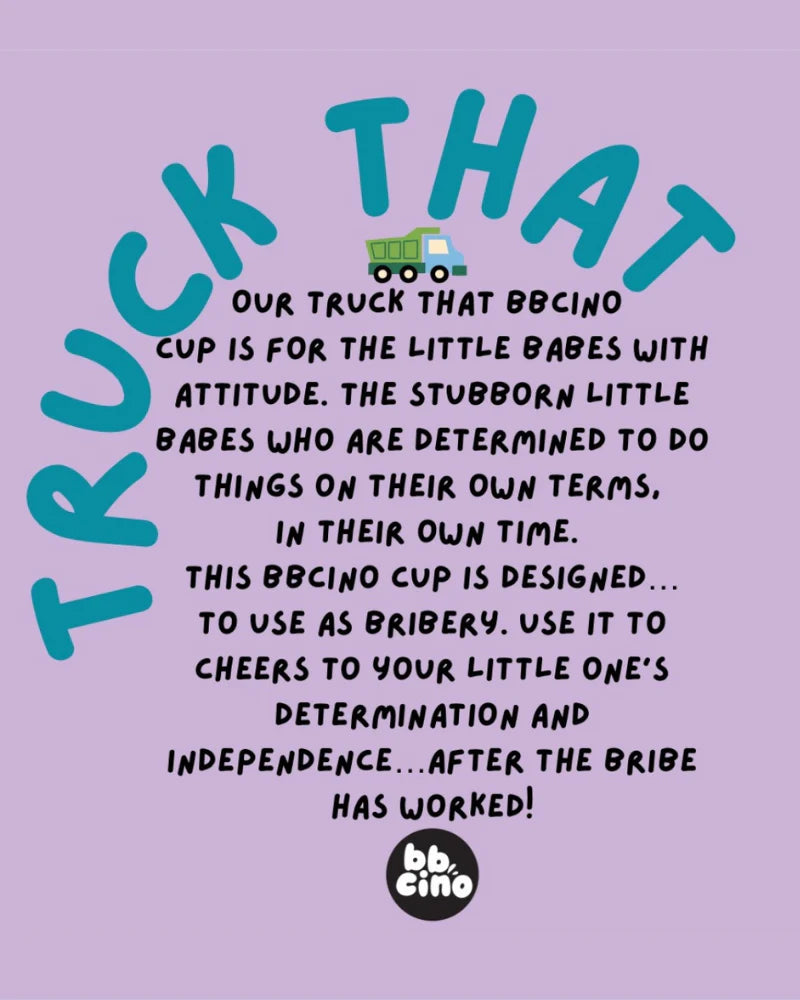 The background in purple showcases the phrase "TRUCK THAT" around a toy truck illustration. This design draws attention to the BBCINO Reusable BambinoCino Cup 240ml Truck That, perfect for independent kids. It serves as both a motivational tool and reward, offering an eco-friendly choice crafted from sustainably harvested bamboo. The "BambinoCino" logo is featured prominently at the bottom.