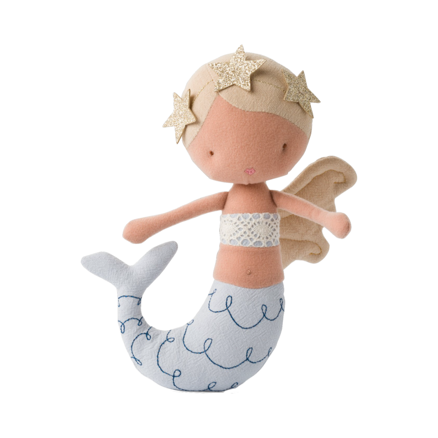 Introducing Mermaid Pearl 22cm from PICCA LOULOU: a plush mermaid doll with tan skin, blonde hair embellished with golden star decorations, a white bikini top featuring a lace band, and a light blue tail adorned with dark blue wave patterns. Created by Bon Ton Toys, this charming doll showcases simple facial features, including a small smile.