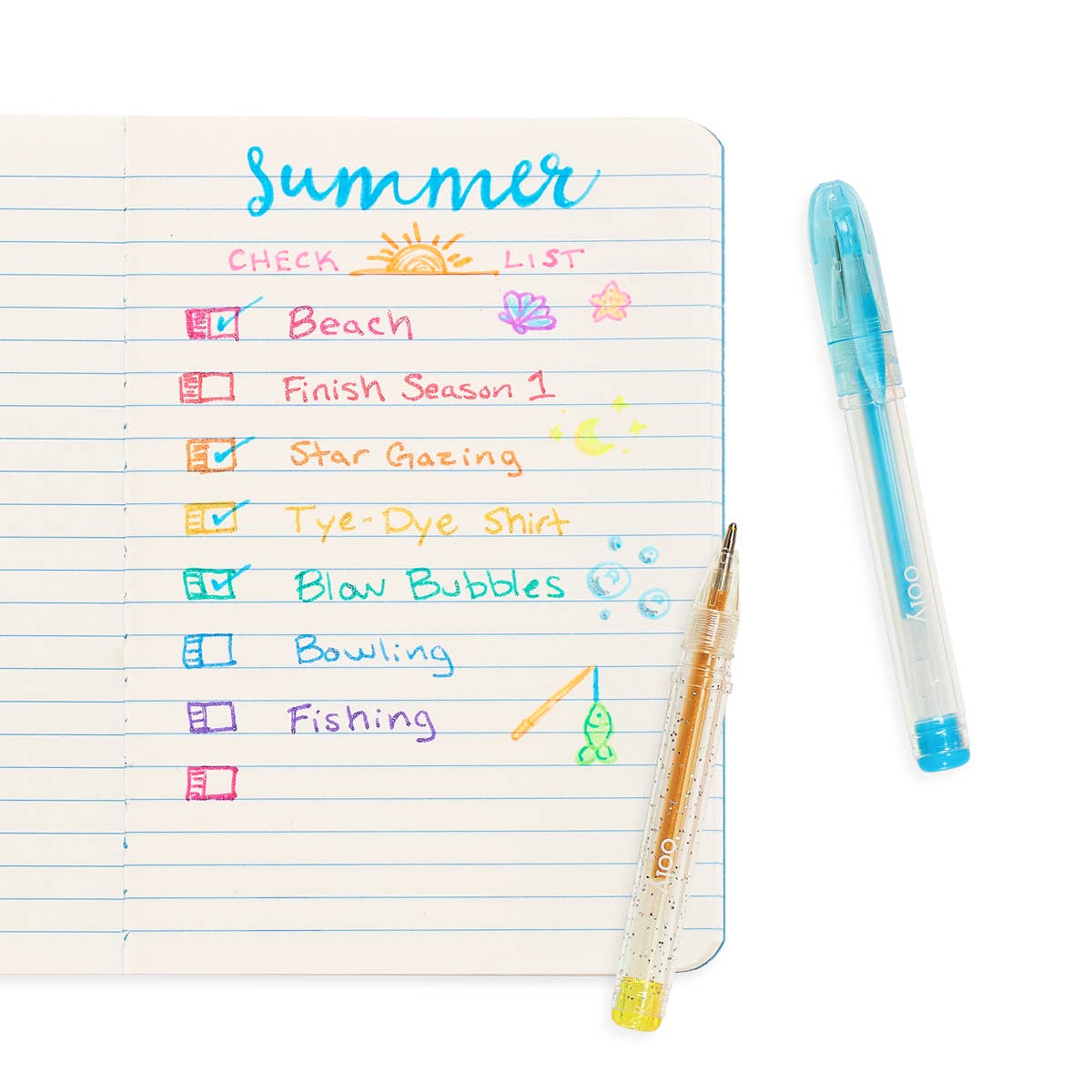 A page in a lined workbook with the heading summer check list with the words beach, finish season 1, star gazing, tye dye shirts, blow bubbles, bowling, fishing listed down the page. There are two OOLY scented gel pens on the page and of to the side.