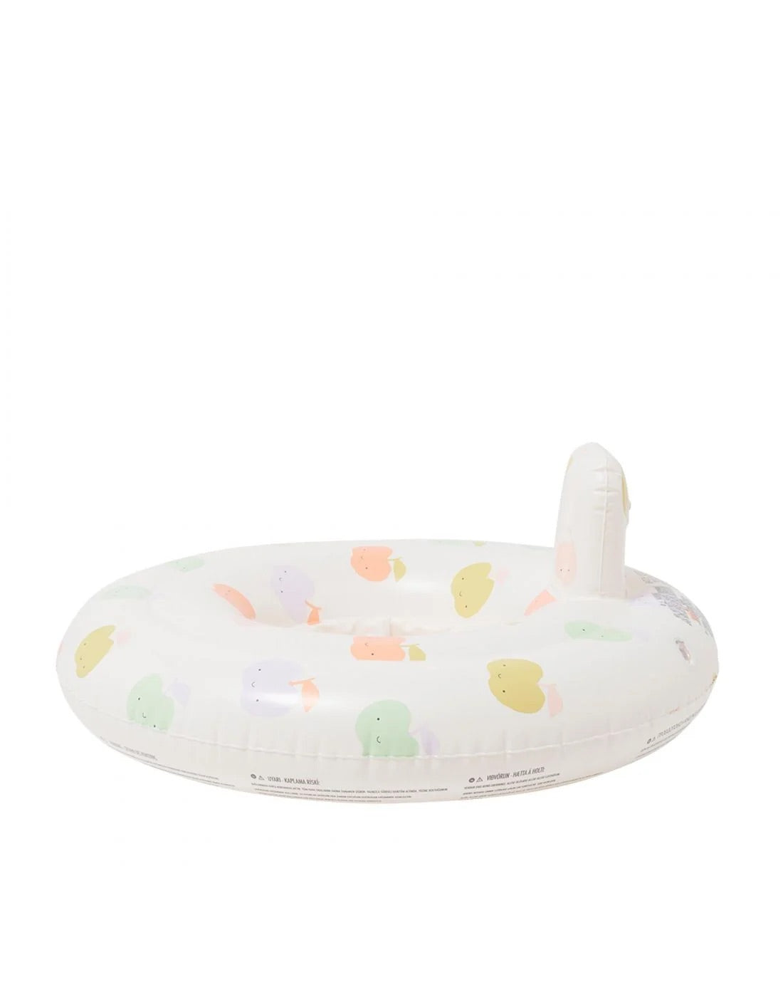 The SUNNYLIFE Baby Seat Float in Apple Sorbet Multi is a charming inflatable pool with duck illustrations and an inflatable duck on the edge. It features an inflatable headrest to boost water confidence for little ones while they splash and play.