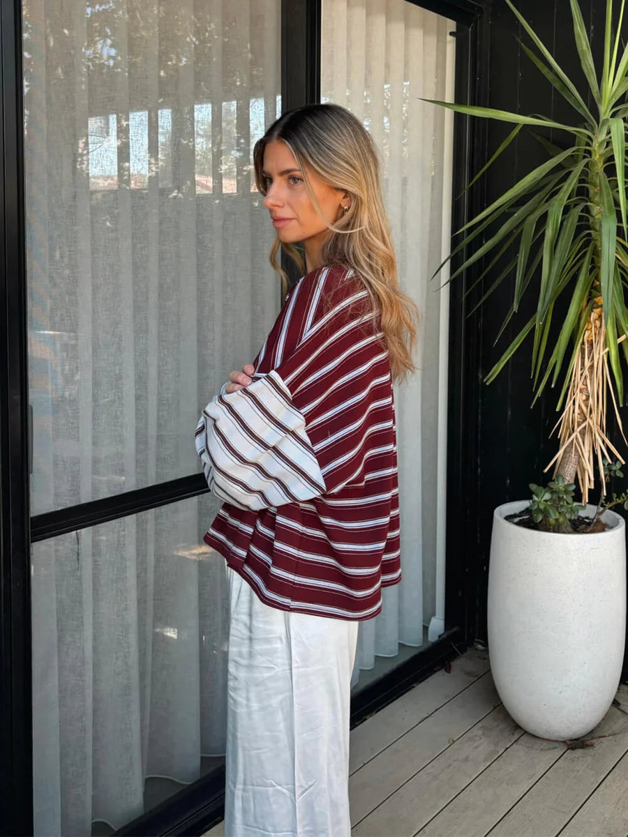 Tiny Trove - Women's Kennedy Stripe Long Sleeve Tee - Maroon/Blue Stripe