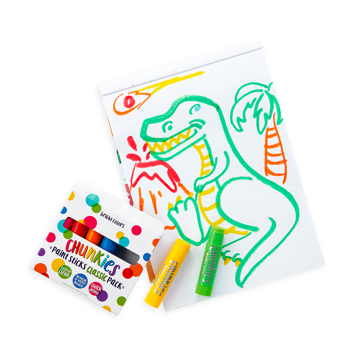 A packet of OOLY chunkies paint sticks and a picture of a dinosaur on a piece of paper.