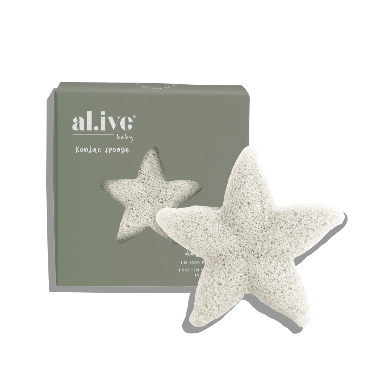 A white star-shaped konjac sponge, perfect for baby bath time, is displayed in front of a matching green box labeled "AL.IVE BABY Baby Konjac Sponge - White." The box includes a star-shaped cutout that showcases the biodegradable sponge inside, all set against a plain background.