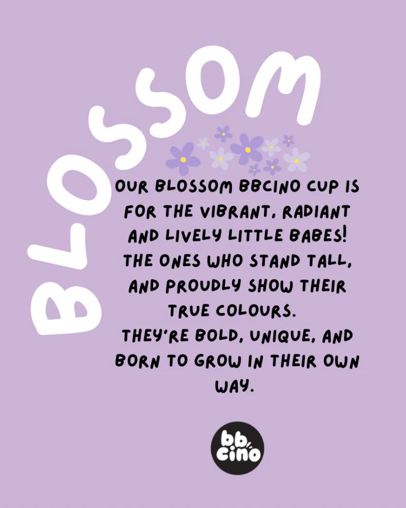 The design features a purple background with large white text displaying "Blossom" and a block of smaller white text detailing the Reusable Babycino Cup 120ml Blossom for vibrant, bold, and unique children. Made from eco-friendly bamboo fibres under the BBCINO brand. The bottom includes the BBCINO logo, complemented by small purple and white flower graphics.