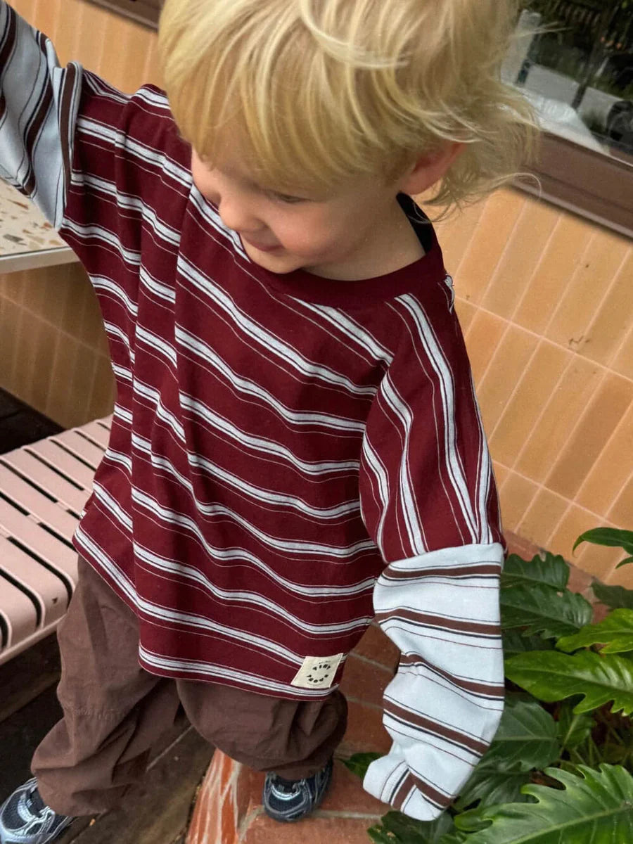 Tiny Trove - Rowan Stripe Cotton Long Sleeve Tee - Maroon/Blue Stripe